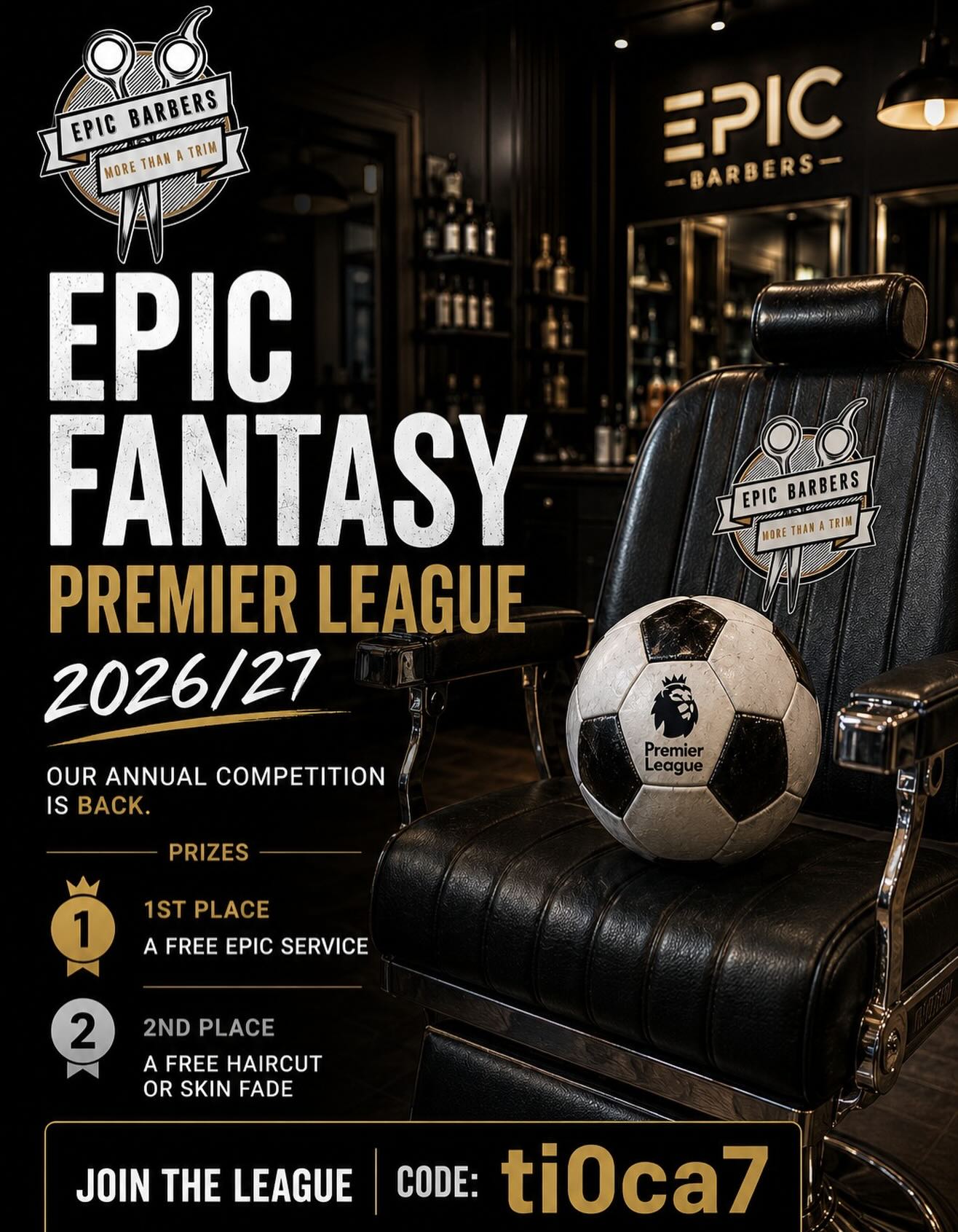 โฝ๏ธ EPIC FANTASY PREMIER LEAGUE IS BACK!
Our annual FPL competition is officially open ๐ฅ
Think you know your football? Build your team and come prove it ๐
๐ **PRIZES**
๐ฅ 1st โ FREE Epic service
๐ฅ 2nd โ FREE haircut or skin fade
League code: ti0ca7
Join here ๐
https://fantasy.premierleague.com/leagues/auto-join/ti0ca7
Good luckโฆ the bragging rights start now ๐
#EpicBarbers #FPL #FantasyPremierLeague