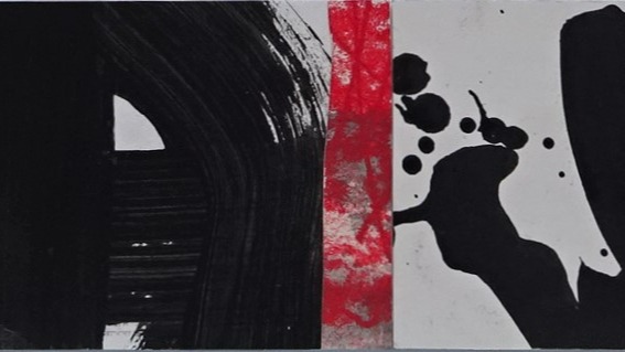 Close up of Magpie 1 hopefully in Bath's Victoria Gallery soon! 80cm long red & black collage of paintings & hand made prints. Matt black frame. #visit bath #victoriagallery #artforinteriordesign #artforhome