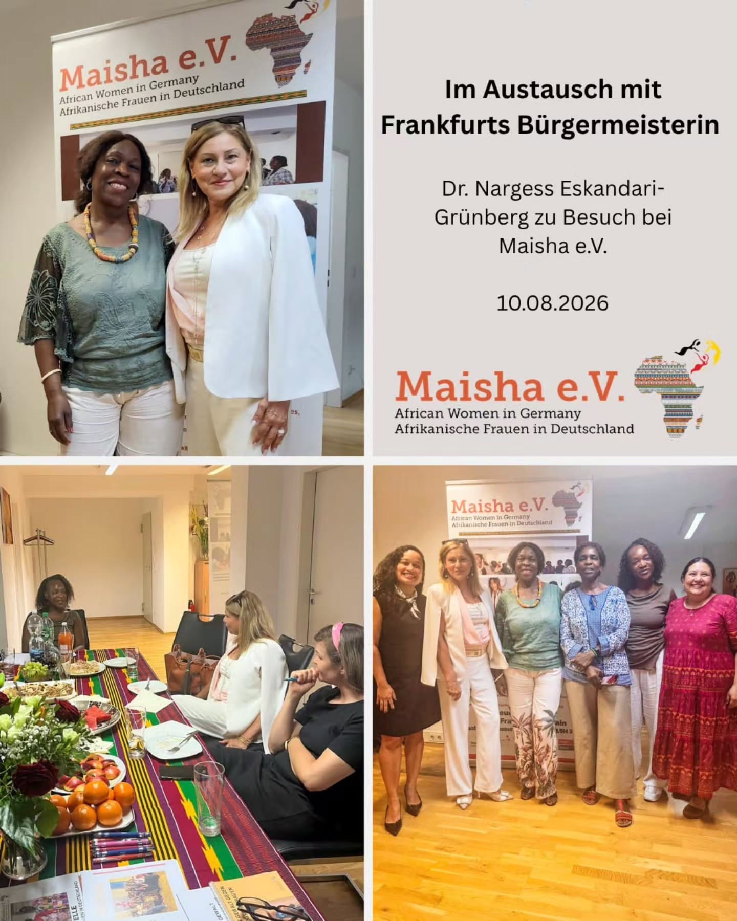 Diesen Monat durfte Maisha e.V. Frankfurts Bürgermeisterin Dr. Nargess Eskandari-Grünberg zu einem persönlichen Austausch begrüßen.
Maisha e.V. hatte die Gelegenheit, die eigene Arbeit und die vielfältigen Angebote vorzustellen und über aktuelle Herausforderungen sowie die Anliegen afrikanischer Frauen und Familien in Frankfurt zu sprechen. Dabei konnten wichtige Erfahrungen und Perspektiven aus der täglichen Arbeit geteilt werden.
Wir bedanken uns herzlich bei Dr. Nargess Eskandari-Grünberg für ihren Besuch, ihr Interesse und das wertschätzende Gespräch. Wir freuen uns auf den weiteren Austausch und eine gute Zusammenarbeit. ❤️
#MaishaeV #Frankfurt #Austausch #FrauenStärken #Integration Community Zusammenarbeit