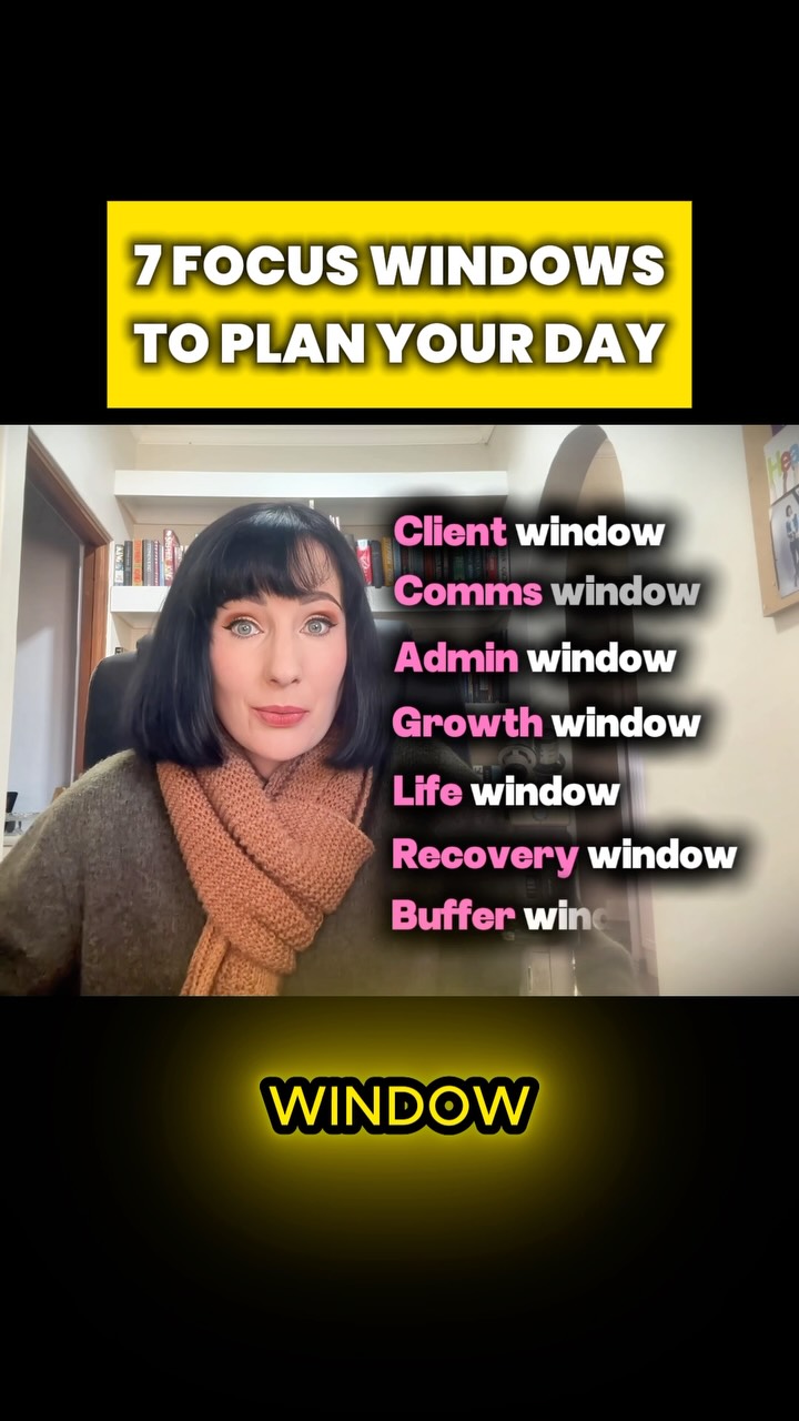 Your paid work, emails, admin, marketing, chores, and rest should not all be fighting over the same hour.
The Focus Window System gives each type of activity its own home.
Here are seven Focus Window ideas you can use:
💻 CLIENT WORK
Projects, proposals, research, and revisions.
📩 COMMUNICATION
Emails, messages, calls, updates, and follow-ups.
🧾 ADMIN
Invoices, contracts, expenses, filing, and project organisation.
📈 GROWTH
Marketing, pitching, networking, content, and portfolio updates.
🏠 LIFE
Chores, errands, appointments, school runs, and personal responsibilities.
🛋️ RECOVERY
Lunch, exercise, rest, and anything that allows you to continue functioning as a human person.
⏳ BUFFER
Overrunning tasks, urgent requests, and unexpected events that have taken your carefully planned day as a personal challenge.
You do not need to use all seven. Choose the Focus Windows that fit your work, responsibilities, and actual life.
Save this list before you plan your next week.
🎙️ Learn how to build your Focus Window System in Episode 4 of The Productive Freelancer.
Which window does your day need most right now?
What does focus look like for you today?
#TimeManagementTips #FreelancerProductivity #DailyPlanning #WorkLifeBalance #FocusWindowSystem