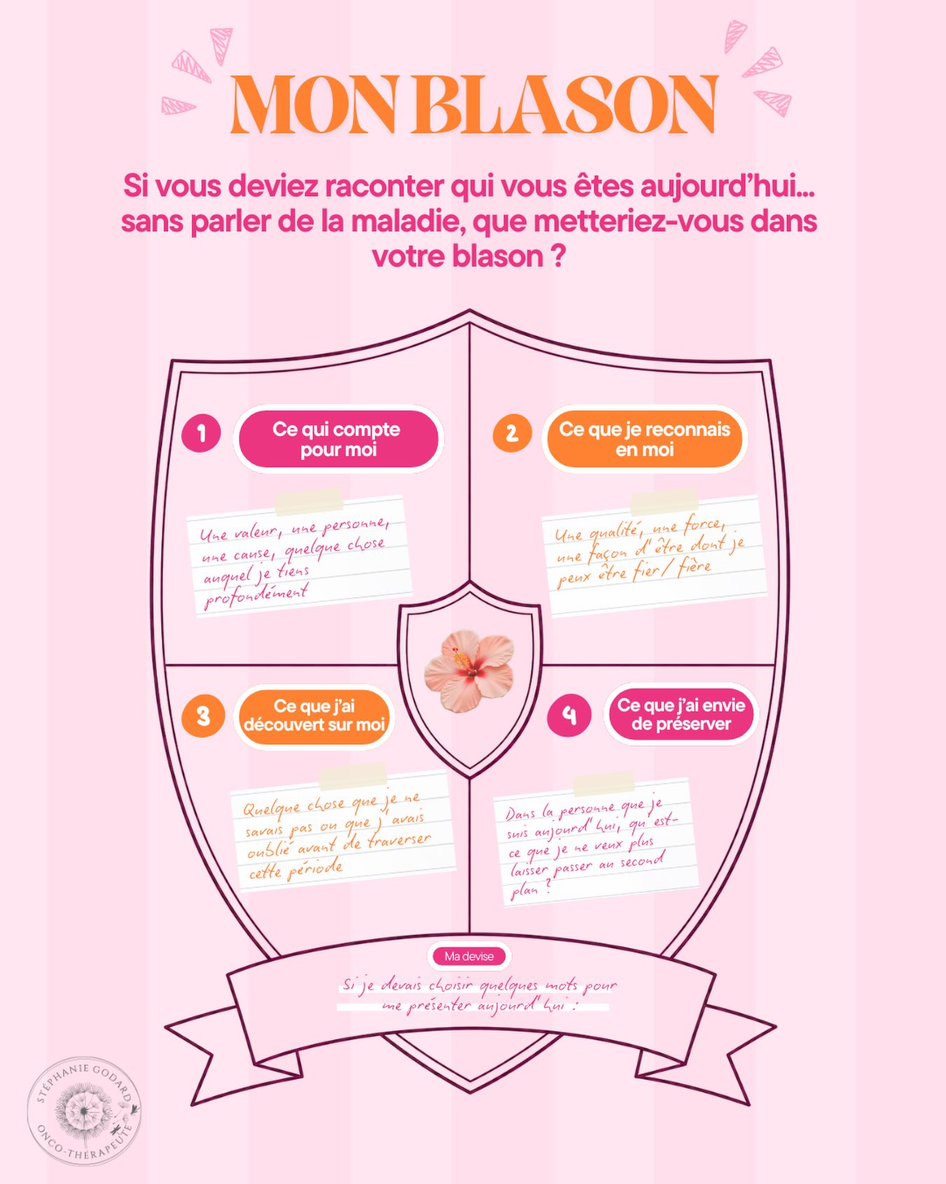 🛡️ Et si, aujourd’hui, vous deviez raconter qui vous êtes… sans parler de votre maladie ?
Avec la page Avant • Aujourd’hui • Demain, je vous invitais à regarder ce qui avait changé, ce qui était resté et ce qui continuait à se construire.
Aujourd’hui, on poursuit notre exploration de l’identité après un cancer, mais d’une manière beaucoup plus créative.
🎨 Je vous propose de construire votre propre blason.
Lorsque l’on traverse un cancer, les rendez-vous médicaux, les traitements, les examens, les effets secondaires et les bouleversements du quotidien peuvent prendre une place considérable.
Au point que, parfois, la maladie finit aussi par prendre beaucoup de place dans la manière dont on se raconte :
👉🏻« Je suis malade. »
👉🏻« Je suis en traitement. »
👉🏻« Je suis en rémission. »
👉🏻« Je suis un proche aidant. »
Toutes ces réalités font partie de votre histoire.
❌Mais elles ne racontent pas tout de vous.
🧠En psycho-oncologie, le travail autour de l’identité, notamment dans l’après-cancer, permet aussi de remettre en lumière toutes les autres dimensions de soi : ses valeurs, ses qualités, ce qui compte profondément, ce que l’on a découvert sur soi et ce que l’on souhaite préserver pour la suite.
✏️ Alors, ouvrez votre Cahier de vacances et créez votre blason.
Écrivez. Dessinez. Utilisez des couleurs, des symboles, des mots… Il n’y a aucune bonne manière de le remplir.
Une seule consigne : essayez, pendant quelques minutes, de parler de vous sans parler du cancer.
Et terminez par votre devise : quelques mots qui pourraient représenter la personne que vous êtes aujourd’hui. 🛡️
💬 Si vous avez envie de poursuivre l’exercice avec moi, partagez en commentaire votre devise, un mot de votre blason ou simplement ce que cette page vous a permis de redécouvrir sur vous.
Je serai ravie de vous lire.
📖 Le Cahier de vacances
Chapitre 6 • Page 17/24
Un été pour souffler, réfléchir et prendre soin de soi.
#blason #moncanceretmoi #postcancer #quisuisje #procheaidnat