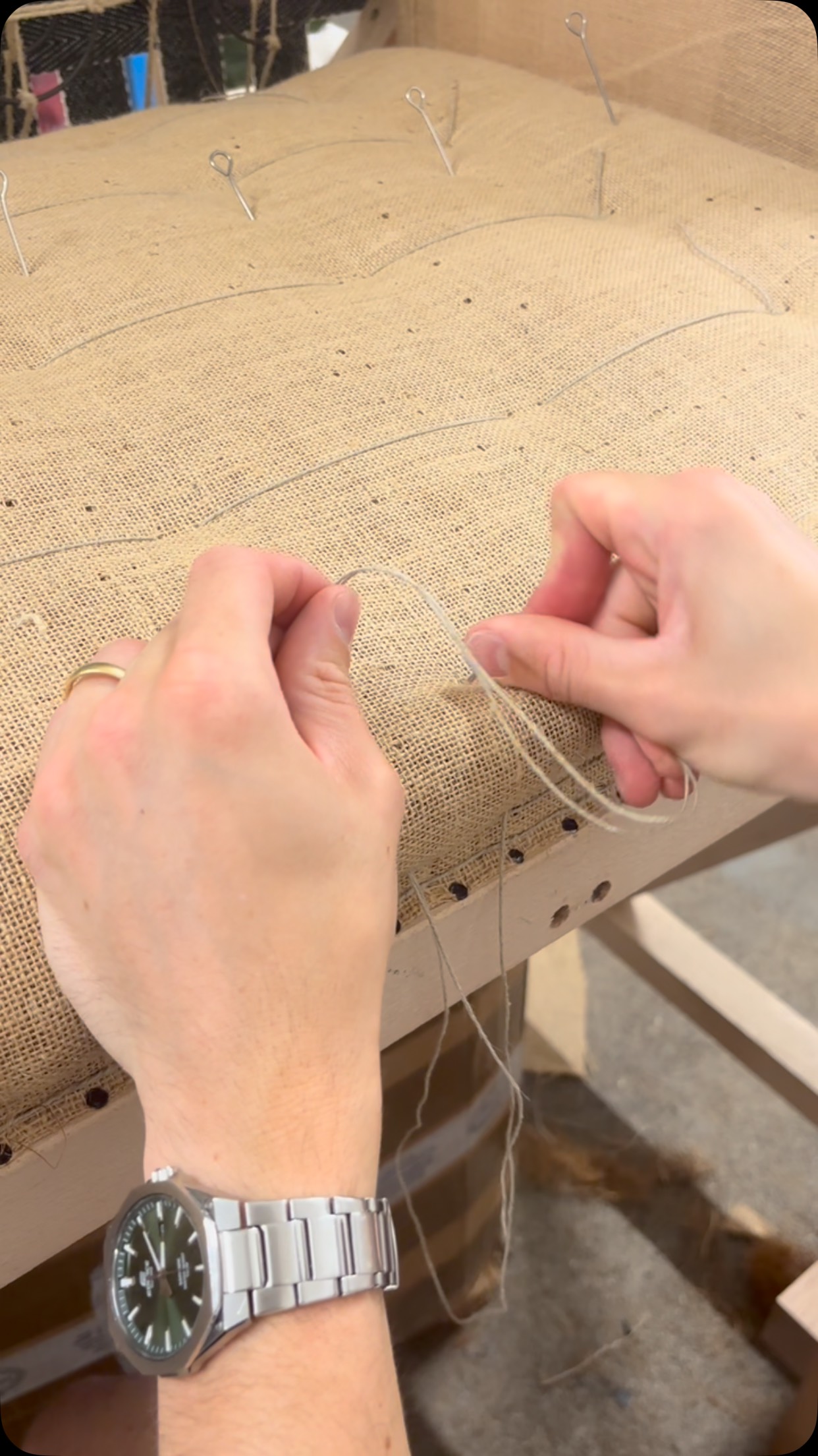 Hand stitching a rolled edge 🪡 🧵 #upholstery #craftsmanship #furniture