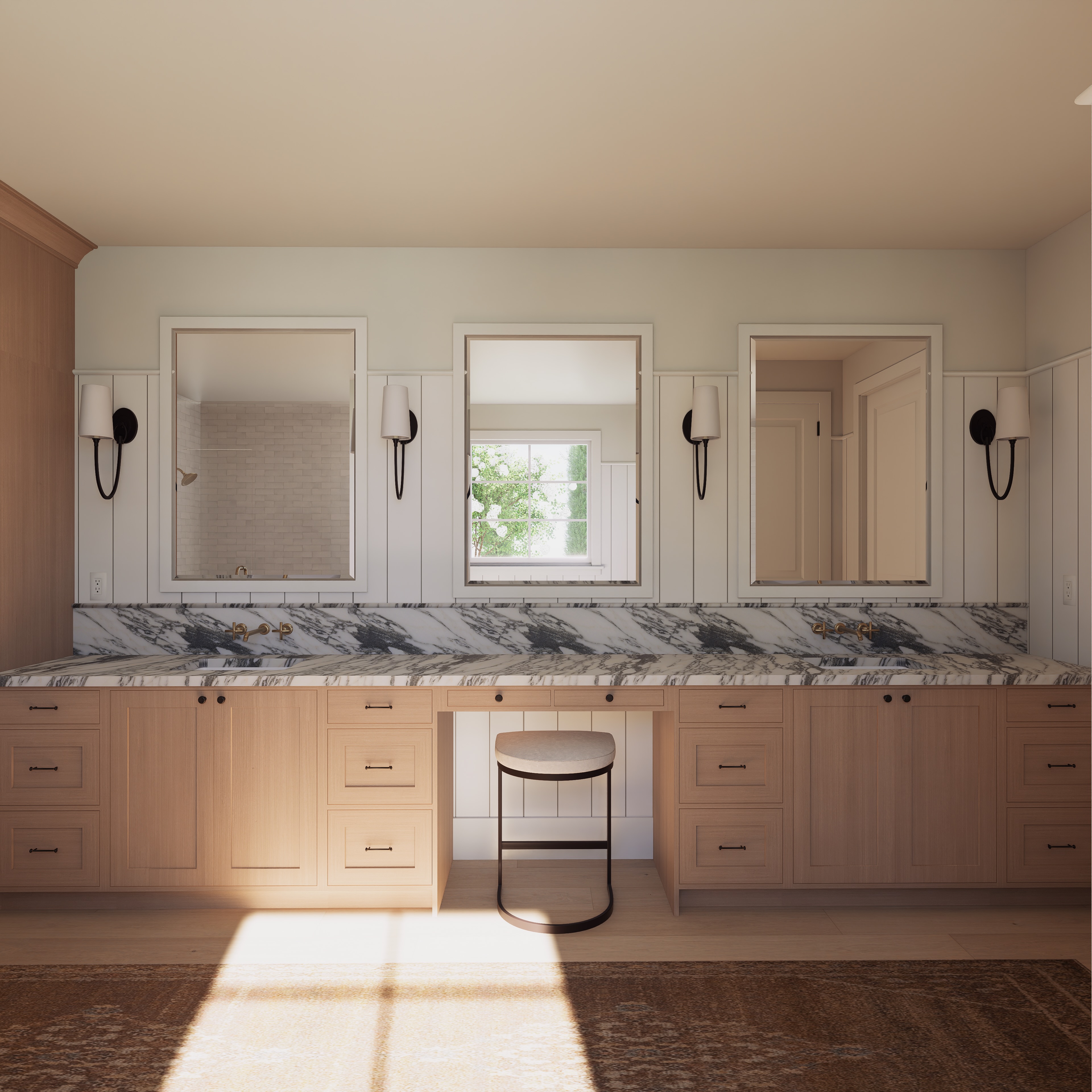 A little more of this primary bath 🤎
Warm wood, statement stone, soft white tile and brass details all came together so beautifully in this space.
Now booking interior design projects!