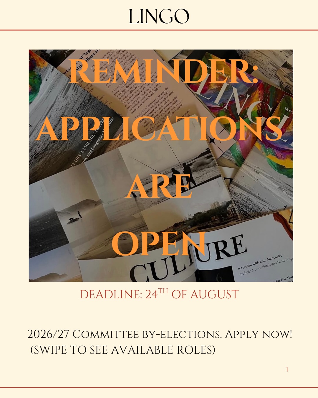Hello all, just a reminder, applications for LINGO committee by elections are still open! Swipe to see all available roles (6 positions). Deadline to submit the application form is: 24TH OF AUGUST. You can access the application form link through link tree in our bio🧡We are looking forward in seeing your applications and hopefully to see you in committee this year!
#lingo #magazine
