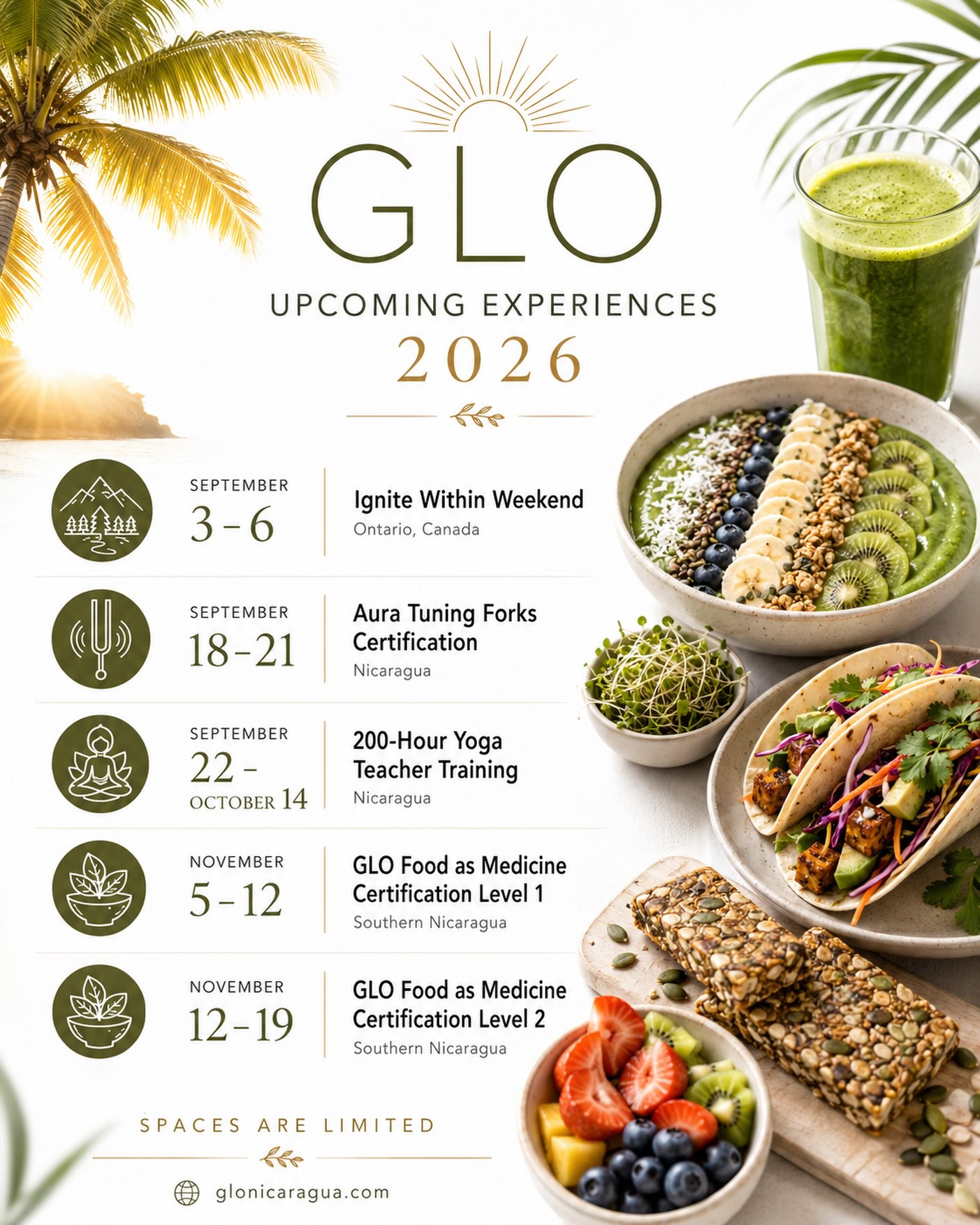 Here it is....the rest of 2026 GLO Schedule ⭐️ ⭐️⭐️
🗣️Sept 3-6: Guest Speaker at @ignite.within.event in #Haliburton Ontario, Canada 🇨🇦
🎵Sept 18-21: Aura #TuningForks Course with @yogaaah.ed at @gloflexcafe_and_center
🧘♀️Sept 22-Oct 14: 200 Hr. #YogaTraining + 3 Week Anti-Inflammatory Reset @yogaaah.ed at @gloflexcafe_and_center
🧑🍳Nov 5-12: Level 1 GLO #FoodAsMedicine Certification Course - Southern Nicaragua
👩🍳Nov 12-19: Level 2 GLO Food As Medicine #CertificationCourse - Southern Nicaragua
💧Nov 19-26: 3 Day Water Fast + Refeed - Southern Nicaragua
GLOnicaragua.com
