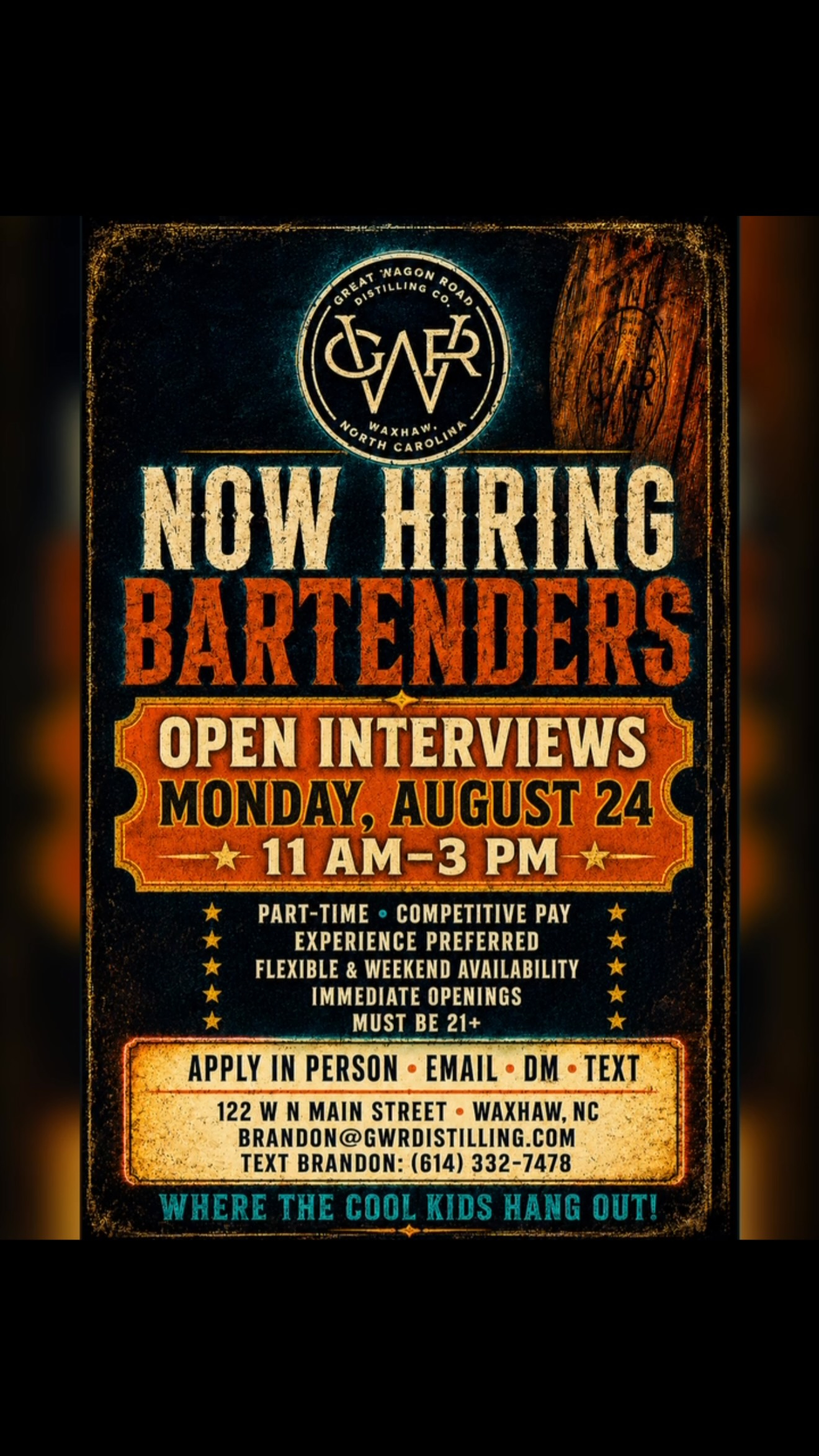 HEY! Waxhaw, we’re looking for the next great bartender to join our crew.
If you can make a great drink, hold a conversation, keep your cool when the bar fills up and bring the kind of energy people remember, we want to meet you.
OPEN INTERVIEWS
Monday, August 24
11 AM–3 PM
Part-time positions with competitive pay. Experience is preferred, flexible and weekend availability is required, and applicants must be 21 or older.
Stop by Great Wagon Road Distilling Co. at 122 W N Main Street in Waxhaw. You can also DM us, email Brandon@GWRDistilling.com or text Brandon at (614) 332-7478.
Come work where the cool kids hang out.
#NowHiring #BartenderJobs #WaxhawNC #WaxhawJobs #GWRWaxhaw HospitalityJobs CharlotteJobs