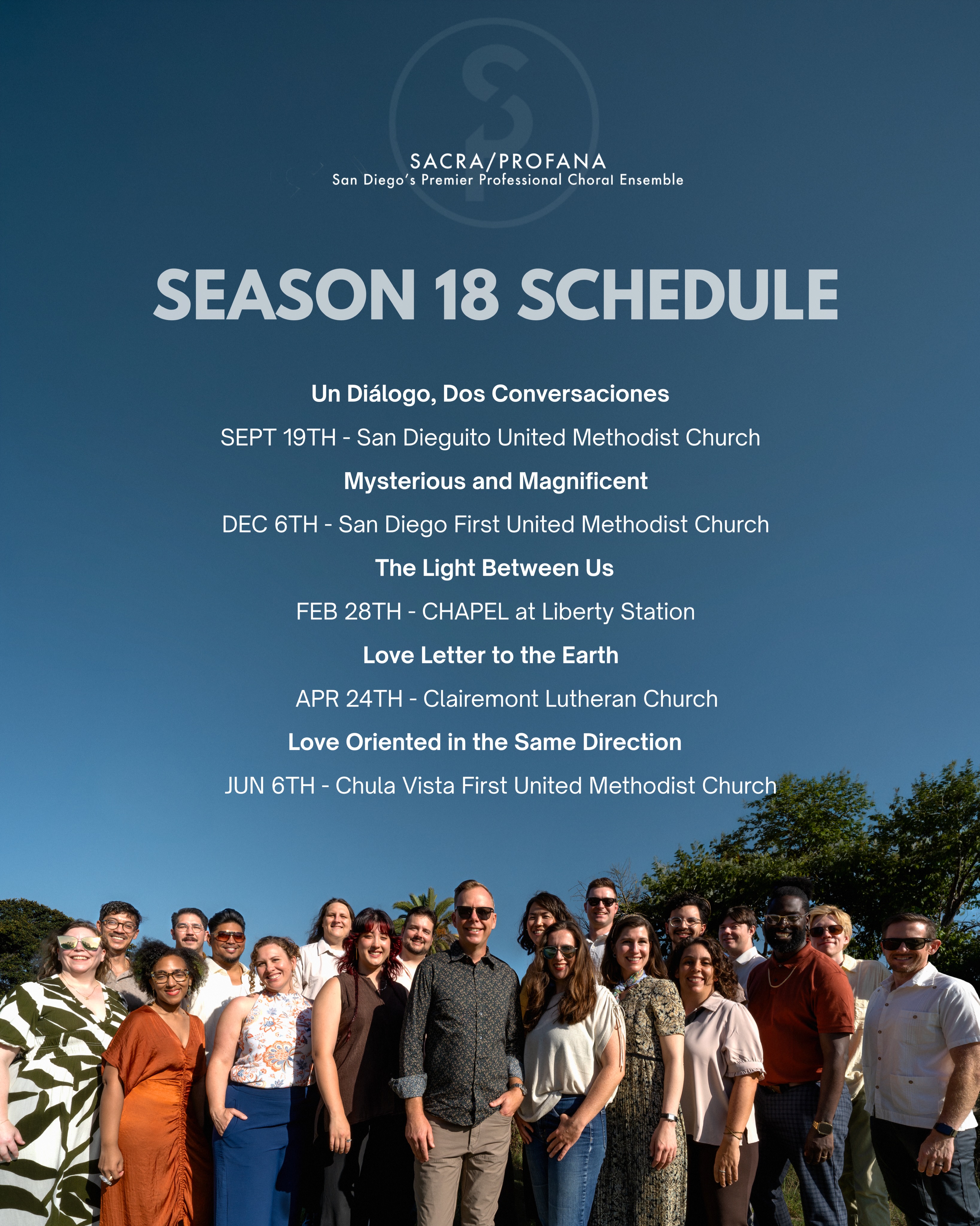 SACRA/PROFANA returns for another unforgettable season of powerful choral music, inspiring artistry, and meaningful connection across San Diego.
Save the dates and join us for Season 18!
September 19, 2026 • December 6, 2026 • February 28, 2027 • April 24, 2027 • June 6, 2027
#SacraProfana #Season18 #ChoralMusic #SanDiegoArts #LiveMusic