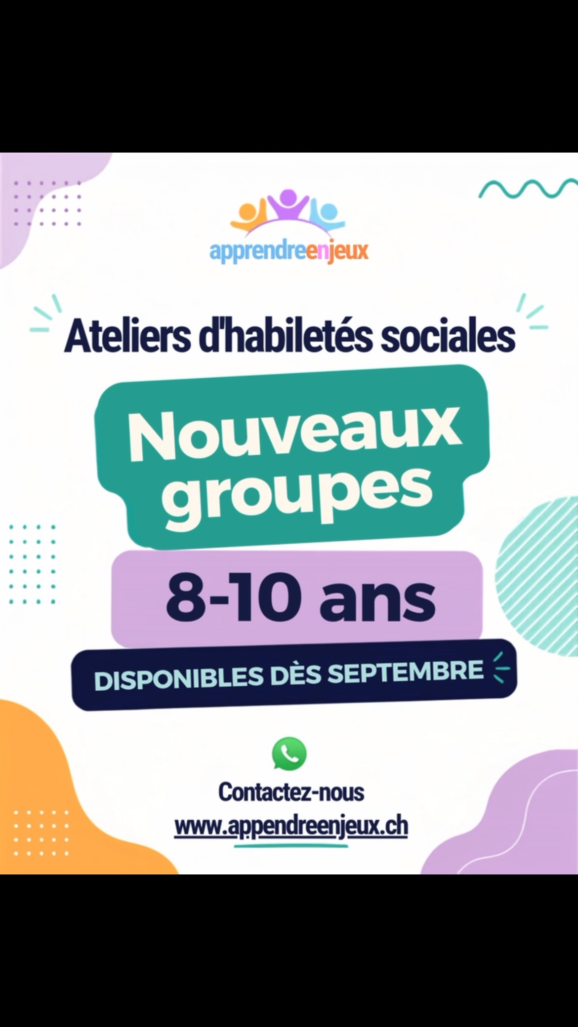 Ouverture de nouveaux groupes dès septembre. Encore quelques places disponibles ! N’hésitez pas à nous contacter !
