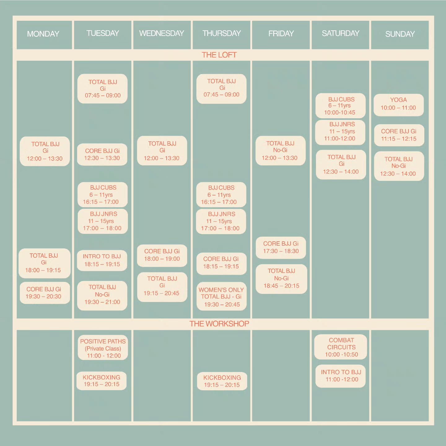 At Low Tide BJJ and Fitness Studio, we offer classes seven days a week; from BJJ and kickboxing to yoga and circuits. Here's our latest full timetable. Email for any enquiries!