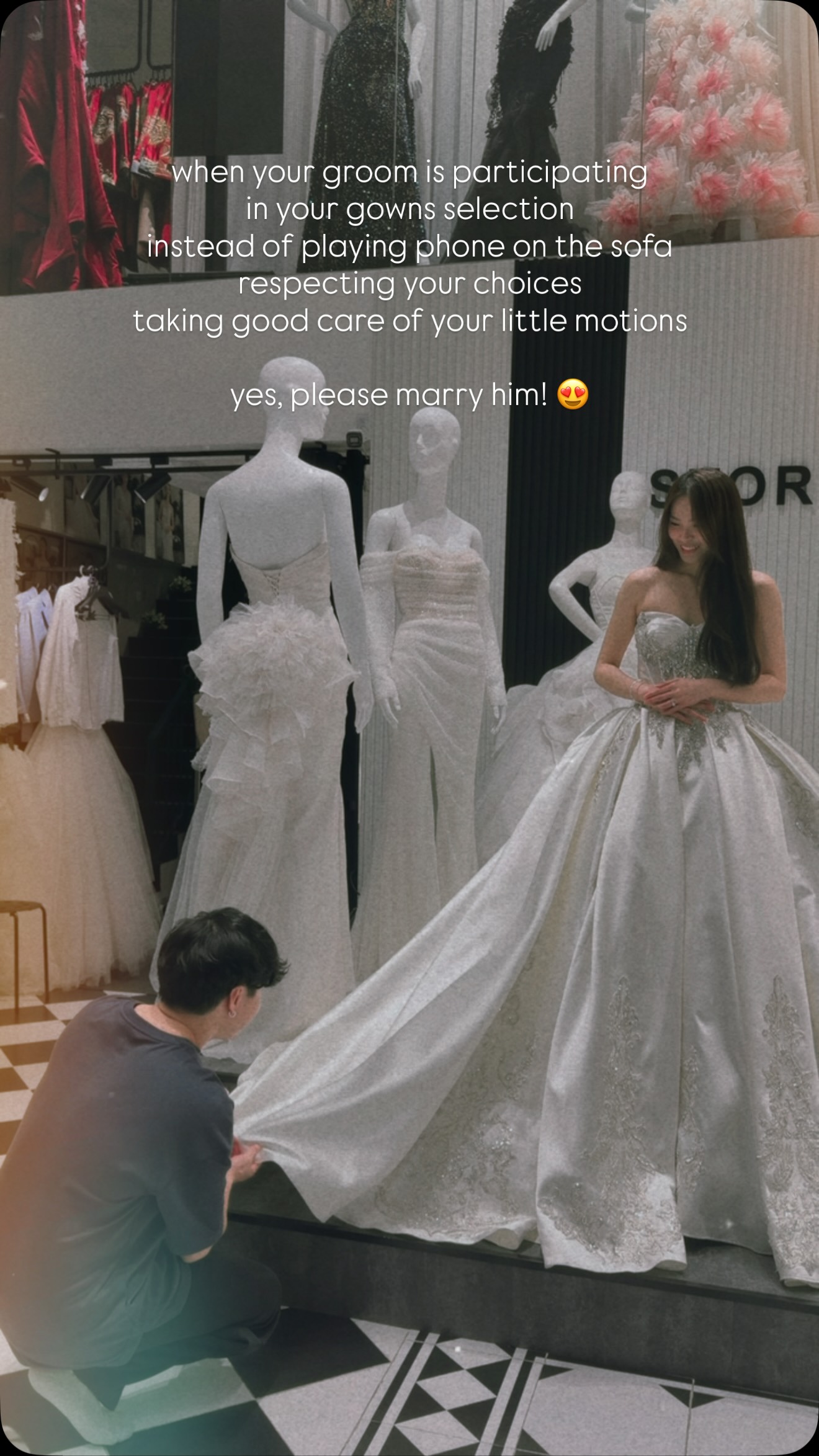 when your groom is participating
in your gowns selection
instead of playing phone on the sofa
respecting your choices
taking good care of your little motions
yes, please marry him! 😍
We are happy to have you in house, Augus and Shi Xun ❤️
Looking forward for more meaningful journey with you!!
@storywedding.sg @storywedding.photography @weddinggownsingapore @grandproduction1987 @jwmarriottsg