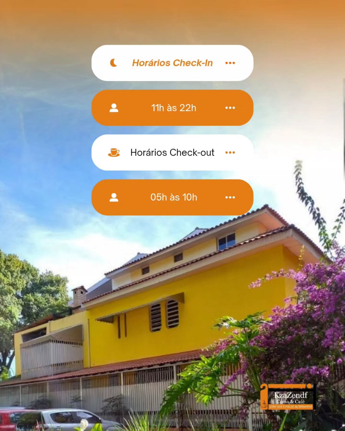 Vai chegar ou sair em horários específicos? Fique atento.
🕐 Check-in: 11h às 22h
🕐 Check-out: 5h às 10h
Informe seu horário de chegada com antecedência e programe sua estadia sem imprevistos.
📲 Em caso de dúvidas, entre em contato conosco.
#HospedagemBrasília #BrasiliaDF #CamaECafé #HospedagemBusiness