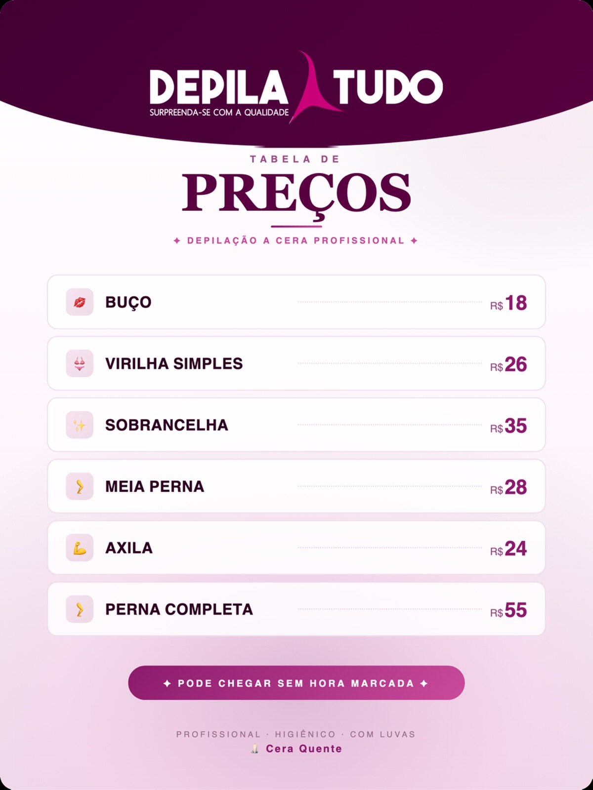 ✨Transparência de verdade é colocar o nosso padrão e os nossos preços na mesa! ✨📋
Podem até tentar imitar, mas tradição, qualidade e respeito à sua pele não se copiam. Há 17 anos a Depila Tudo cuida com carinho e dedicação da autoestima dos soteropolitanos! 💖🌴
Aqui você encontra profissionais experientes, técnica precisa, cera quente profissional, uso rigoroso de luvas e o melhor custo-benefício de Salvador:
👄 Buço: R$ 18
👙 Virilha Simples: R$ 26
✨ Sobrancelha: R$ 35
🦵 Meia Perna: R$ 28
💪 Axila: R$ 24
🦵✨ Perna Completa: R$ 55
O melhor de tudo? Praticidade total: SEM HORA MARCADA! É só chegar e cuidar de você. 🏃♀️🌸
📍 Visite a nossa unidade mais próxima:
• Imbuí
• Brotas
• Rio Vermelho
• Barra
📲 Dúvidas? Fale com a gente no WhatsApp pelo link da bio! 💬
#DepilaTudo #DepilacaoSalvador #TabelaDePrecos #17AnosDeTradicao #depilaçãoacera