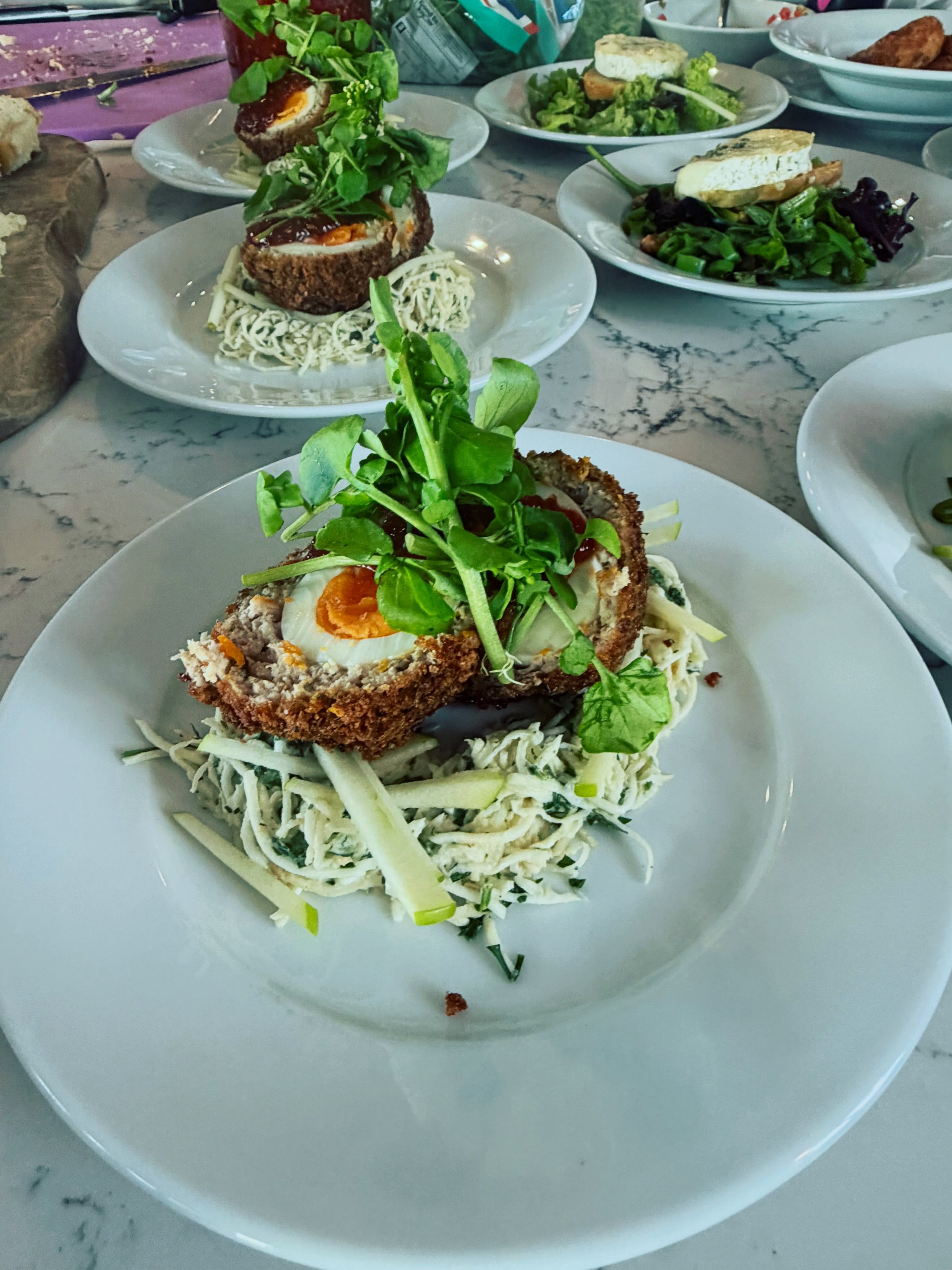 This celeriac remoulade is off the chart. Brings back memories of Salade Nicoise vibes from Aix En Provenceā¦. Homemade scotch eggs, tomato chilli jam. #privatedinner #privatedining