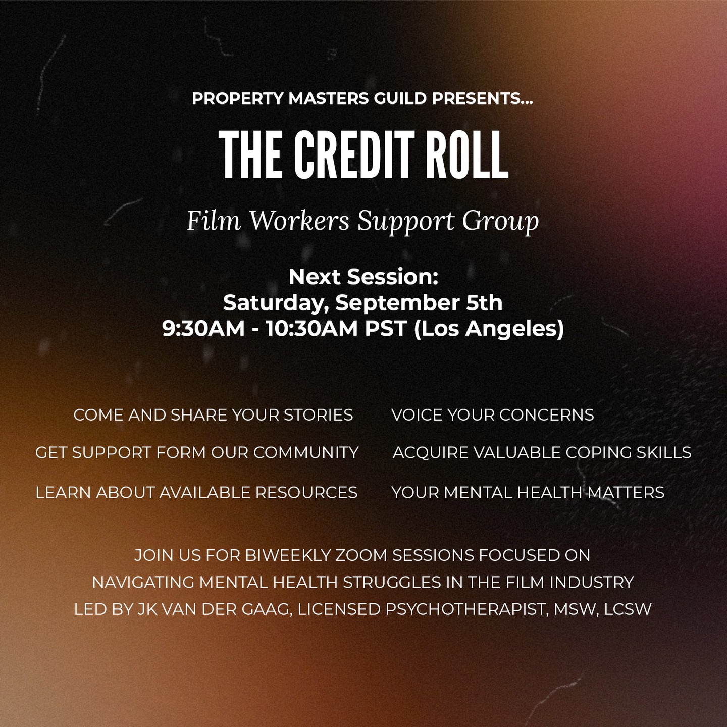 Join us for our Credit Roll Program via Zoom. We are continuing with our program of biweekly sessions on Saturdays at 9:30AM PST (Los Angeles). Our Program will continue until September 19th.
The Property Masters Guild understands that we are in a difficult period with the state of the industry. We're here to help.
Come and share your stories, voice your concerns, get support from our community, acquire valuable coping skills and learn about available resources.
Your Mental Health Matters.
This program is open to all those who work in the entertainment industry, across all departments - members & non-members.
Register through the link in our bio.