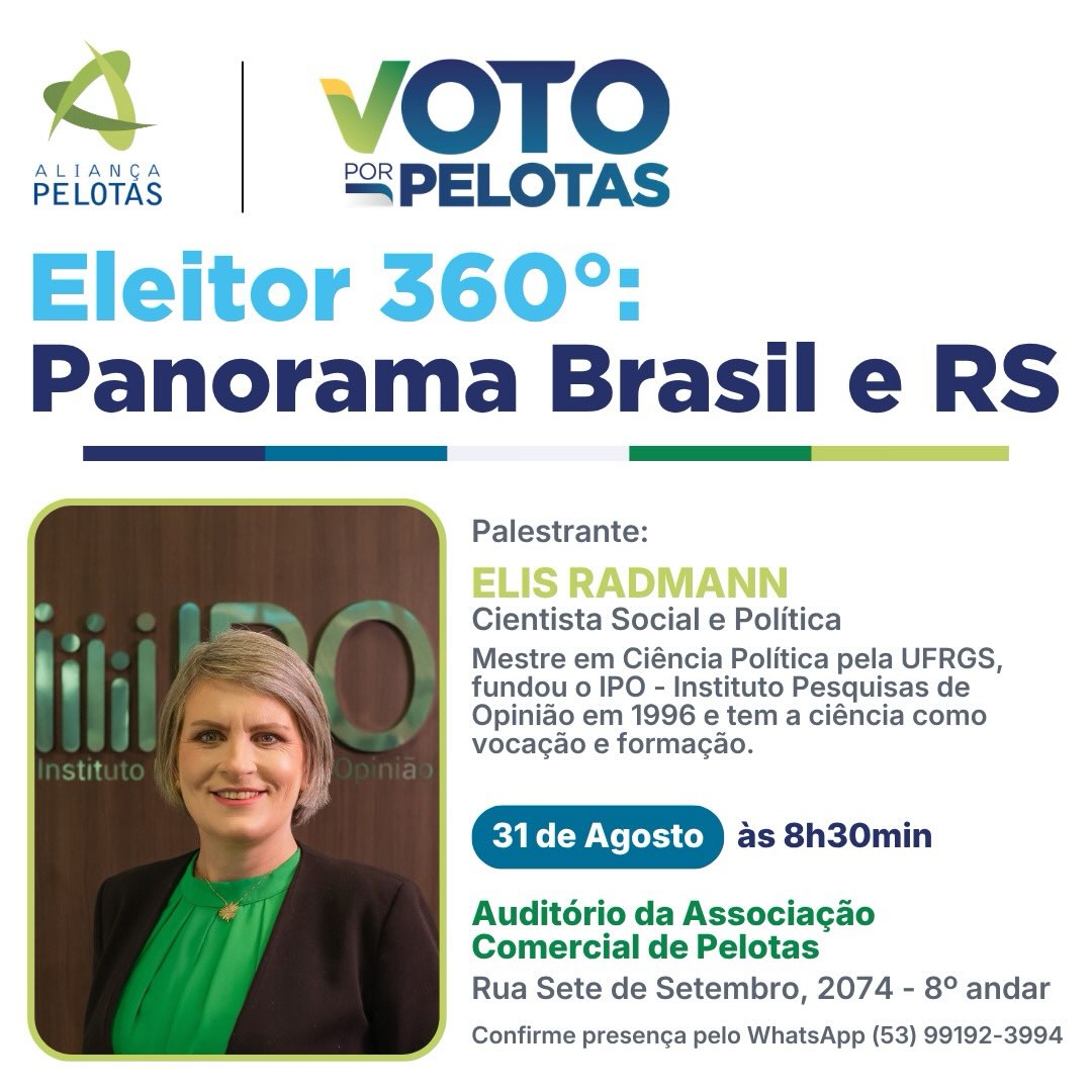 🗳️UM CONVITE PARA QUEM QUER PENSAR PELOTAS
No dia 31 de agosto, a Aliança Pelotas promove um encontro especial com Elis Radmann, socióloga e uma das grandes referências do Brasil em pesquisa, política e comportamento social.
A palestra integra a Campanha Voto por Pelotas e será uma oportunidade para entender melhor o comportamento da sociedade, os desafios da política e, principalmente, pensar o futuro da nossa cidade.
🆓 Evento Gratuito