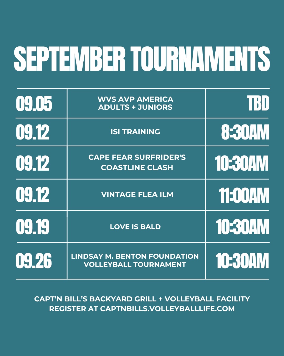 The September tournament lineup is here, and it’s STACKED!
9.05 | WVS AVP America: Adults + Juniors | TBD
9.12 | Pre-Tournament ISI Training | 𝘂𝗽𝗱𝗮𝘁𝗲𝗱 𝘁𝗼 𝟴:𝟰𝟱𝗮𝗺 𝗰𝗵𝗲𝗰𝗸𝗶𝗻
9.12 | Cape Fear Surfriders Non-Coed 4’s | 10:30am
9.12 | Vintage Flea ILM Market | 11:00am
9.16 | Love is Bald Coed 4’s | 10:30am
9.26 | Lindsay M. Benton Coed 4’s | 10:30am
Check registration details through the link in our bio!
#SeeYouAtBills #WeekendPlans #ILM #BeachVolleyball #ILMEvents