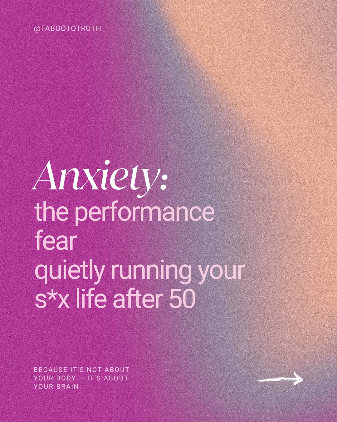 It happens once. Then you spend every time after that so afraid it’ll happen again that you can’t relax enough to enjoy anything. Anxiety is one of the most reliable ways to shut down arousal — so you end up proving yourself right.
Performance anxiety after 50 isn’t a character flaw. It’s what happens when real physical changes (testosterone, blood flow, sleep, stress) collide with a script most men were never allowed to question — the one that says needing to talk about it means you’ve failed.
The men who work through this come out the other side with a more honest s*x life than they had before, not a worse one. Because it forces the conversation everyone should be having anyway.
Swipe through for what’s actually going on in your body, why the anxiety loop forms, and what actually helps. To read the full post, head to taboototruth.com/blog
Save this for later, and send it to the man in your life who needs to see it.