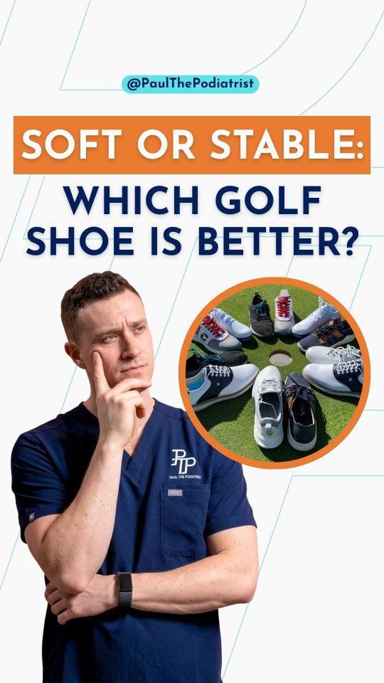 Comment "birdie" to see the full video.
Soft shoes aren't always the best shoes for being comfortable on a four-hour golf ground. Golf courses can be undulating, and a soft, flexible shoe can add to instability, which can then lead to fatigue on the foot after just nine holes.
When you're choosing your shoe, don't be conned by the softer, the better. Structure can also help with foot pain and also golfing mechanics. As we go to swing, we adjust our weight to the outside, and as we swing through, we push our weight through our forefoot. If it's too flexible, then we won't be able to transfer weight as easily, but if it's too stiff, we may find that affects our swing too.
Just be careful when picking your shoes and watch my full video on my breakdown of golf shoes and which will be best for your foot pain by commenting "birdie" to watch the full video.