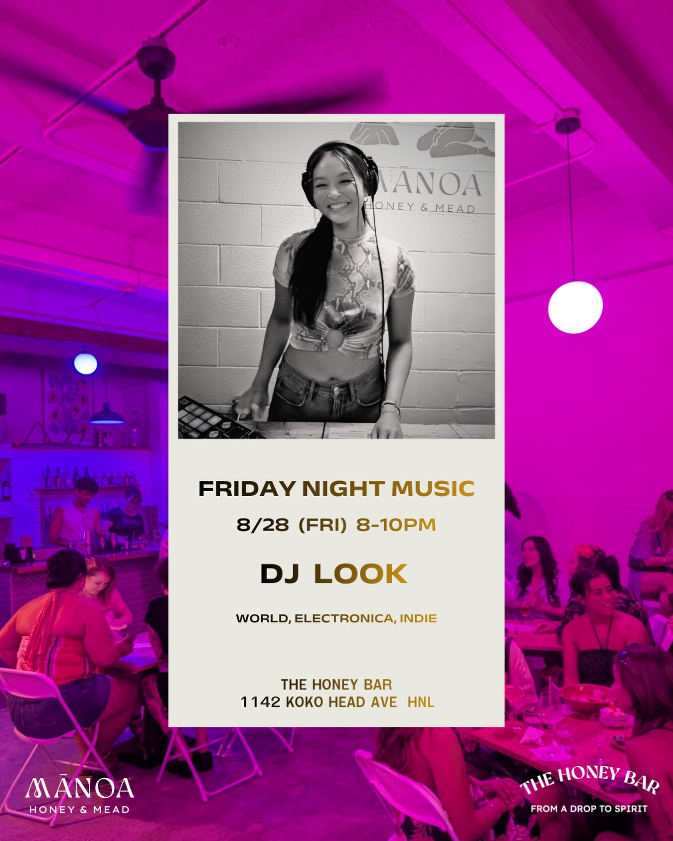 🎶 Friday nights are for good music, good company, and a little bit of mead. 🍯✨
Join us Friday, 8/28 from 8–10 PM for @therachellook spinning a mix of world, electronica & indie at The Honey Bar!
📍 1142 Koko Head Ave, HNL
🗓️ Friday, August 28
⏰ 8–10 PM
Come catch the vibes, grab a glass, and let the weekend begin. 🍯🎧
#TheHoneyBar #ManoaHoneyAndMead #FridayNightMusic #DJLOOK #HonoluluNightlife #HonoluluEvents #OahuEvents
