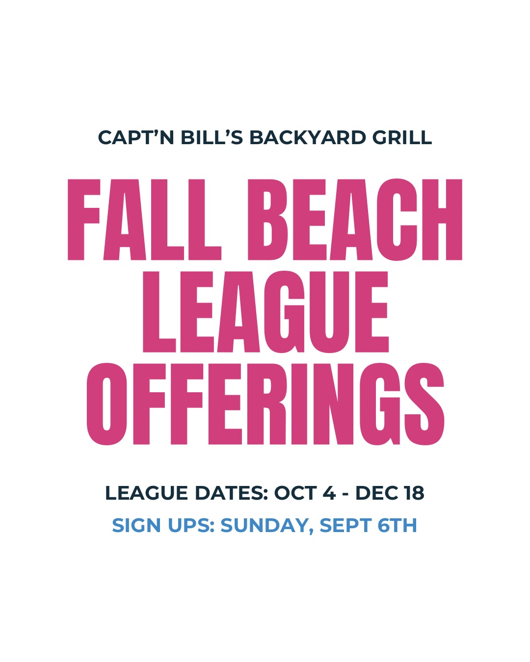 The countdown to FALL session is ON 🍂🏐
Sign ups are just a few weeks away + open on Sunday, Sept 6th at 9:30 PM
Mark your calendars! Spots go quick!
𝗧𝗵𝗲 𝗗𝗲𝘁𝗮𝗶𝗹𝘀 ⬇️
→ 𝗠𝗢𝗡𝗗𝗔𝗬 - 𝗙𝗥𝗜𝗗𝗔𝗬
→ 6:15 PM & 8:45 PM
→ Format: 4’s (+ 6’s on Thursdays)
→ 𝗦𝗨𝗡𝗗𝗔𝗬𝗦
→ 4’s at 12:30 PM & 2:45 PM
→ 2’s at 5:15 PM
Tacos & Trivia will continue to take place on Wednesdays at 7PM and DJ SBZ will be here Fridays from 7-10PM
PLEASE be sure to read through all league information carefully. 6:15pm start times will have 5-team pools, while 8:45pm start times will have 6 team pools.
Happy Signups!
#SeeYouAtBills #League #Volleyball #WilmingtonNC #ThingsToDoInWilmington