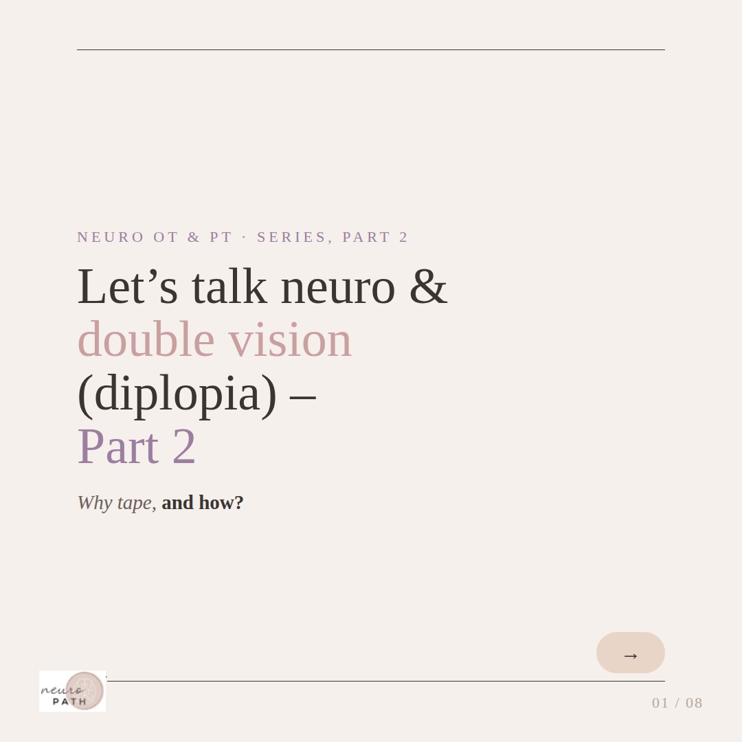 PART 2: Taping vs. Eye Patch for Double Vision in Neuro: What can we do!? 🧠
Double vision (diplopia) is a frustrating neuro impact which can greatly impact function. While eye patches seem like a quick fix, they can actually make things worse for balance, visual input and depth perception.
Enter: Tape ✅
Instead of blocking all vision from one eye, this clear tape blurs just enough of one lens to reduce double vision while keeping peripheral awareness intact. It’s a more functional, rehab-friendly option — especially for walking, reading, and therapy.
Swipe through to learn:
👁️ Why full eye patches aren’t always the best choice
📌 How to apply tape correctly
⚠️ Tips for safe use in neuro recovery
Visual rehab starts with the right tools — and sometimes, a tiny strip of tape makes a big difference.
#StrokeRecovery #DoubleVision #Diplopia #NeuroOptometry #OccupationalTherapy StrokeRehab BrainInjuryRecovery VisionTherapy NeuroPT NeuroOT TransportTape LowVisionSupport BalanceAndVision