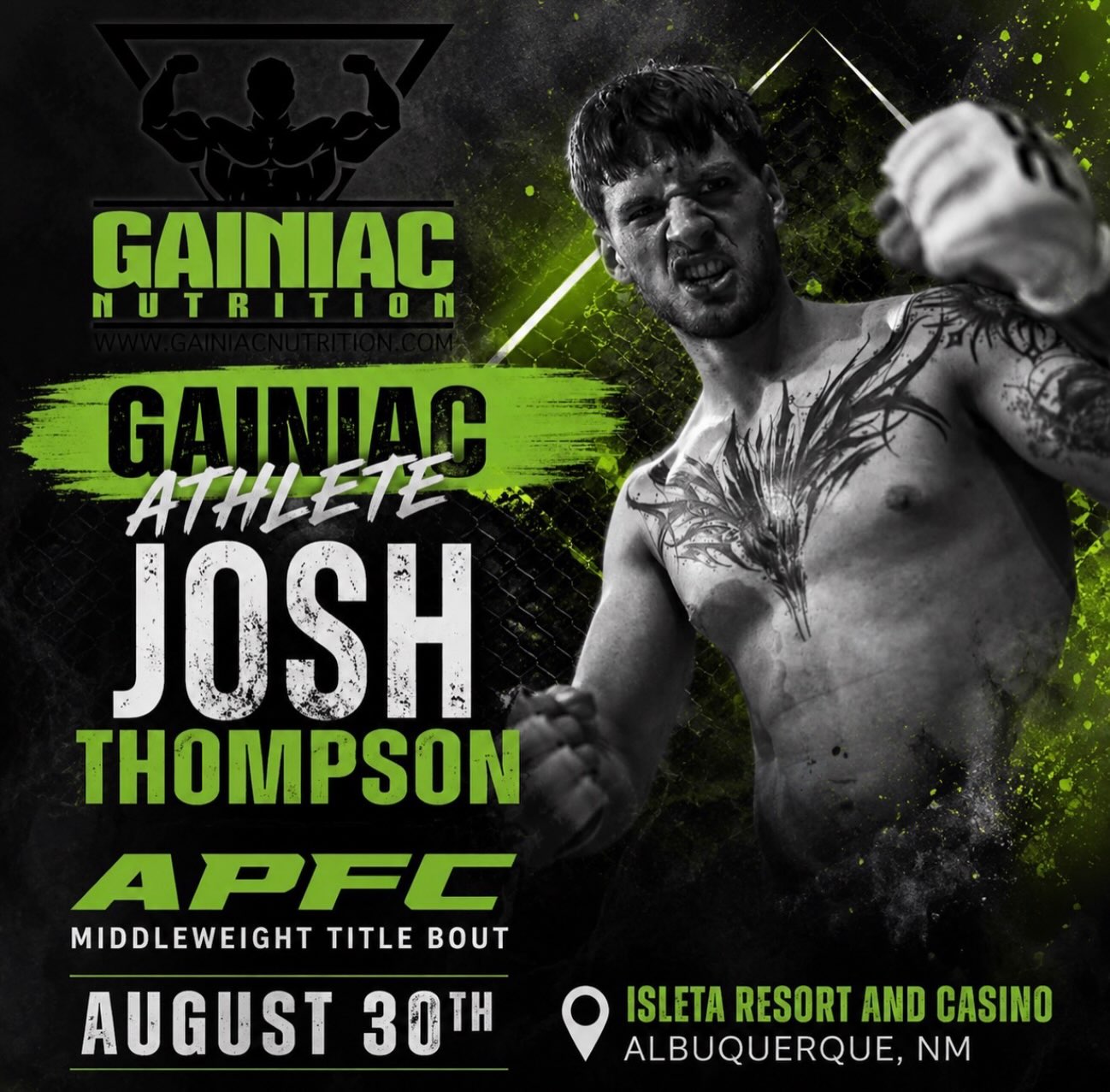 Let’s hear it for @josh_thompson_117! He’s fighting this weekend in the APFC 25 in Albuquerque, NM at the Isleta Resort and Casino. He’s going into this Middleweight Title fight with a 3-1 record. With all of his wins being first round knockouts, he’s definitely a force to be reckoned with! He has absolutely killed his fight camp for this and has left no stone unturned! Being the knockout artist that he is, we know he’ll be adding to his KO count! Let’s go Josh! Burn the ships brother!
#gainiaclbk #mma #fighter #gainiacarmy #gainiacnation