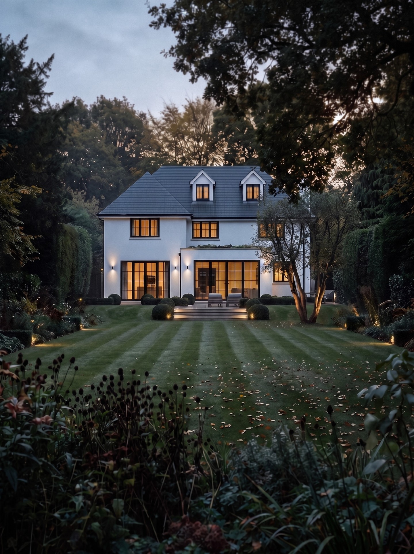 🏡 The second concept for Three Households..
ㅤ
Same three plots, a different character entirely. Where the first was warm
and traditional, this one is pared back.. white render on a dark stone
plinth, slate above, black-framed glazing running the full height of the
gable. ✨
ㅤ
A living roof over the garden room that thickens season by season. Pale
gravel to the parking, close-boarded timber to the boundaries, and still
water set into the lawn so the whole house arrives upside down in it on a
quiet evening..
ㅤ
We've drawn it as it would look twenty years in, not on handover day..
render softened, timber silvered, the planting grown up around it.
Materials that age rather than date.
ㅤ
Which direction would you take.. this one, or the first..?