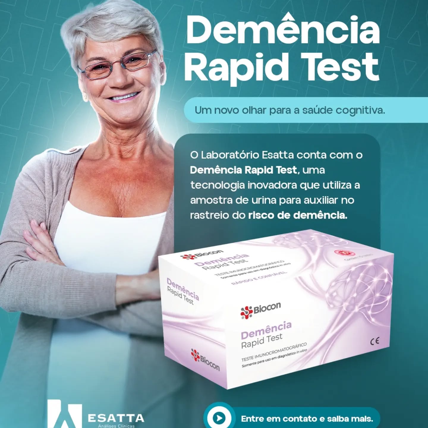 🧠 Um novo olhar para a saúde cognitiva.
A Esatta conta com o Demência Rapid Test, uma tecnologia inovadora que utiliza uma amostra de urina para auxiliar no rastreio do risco de demência.
Com uma coleta simples e não invasiva, o teste amplia as possibilidades de acompanhamento da saúde cognitiva e pode contribuir para uma investigação mais precoce, sempre dentro de uma avaliação profissional.
💙 Na Esatta, inovação também é uma forma de cuidar.
Quer saber mais sobre o Demência Rapid Test? Entre em contato com nossa equipe.
