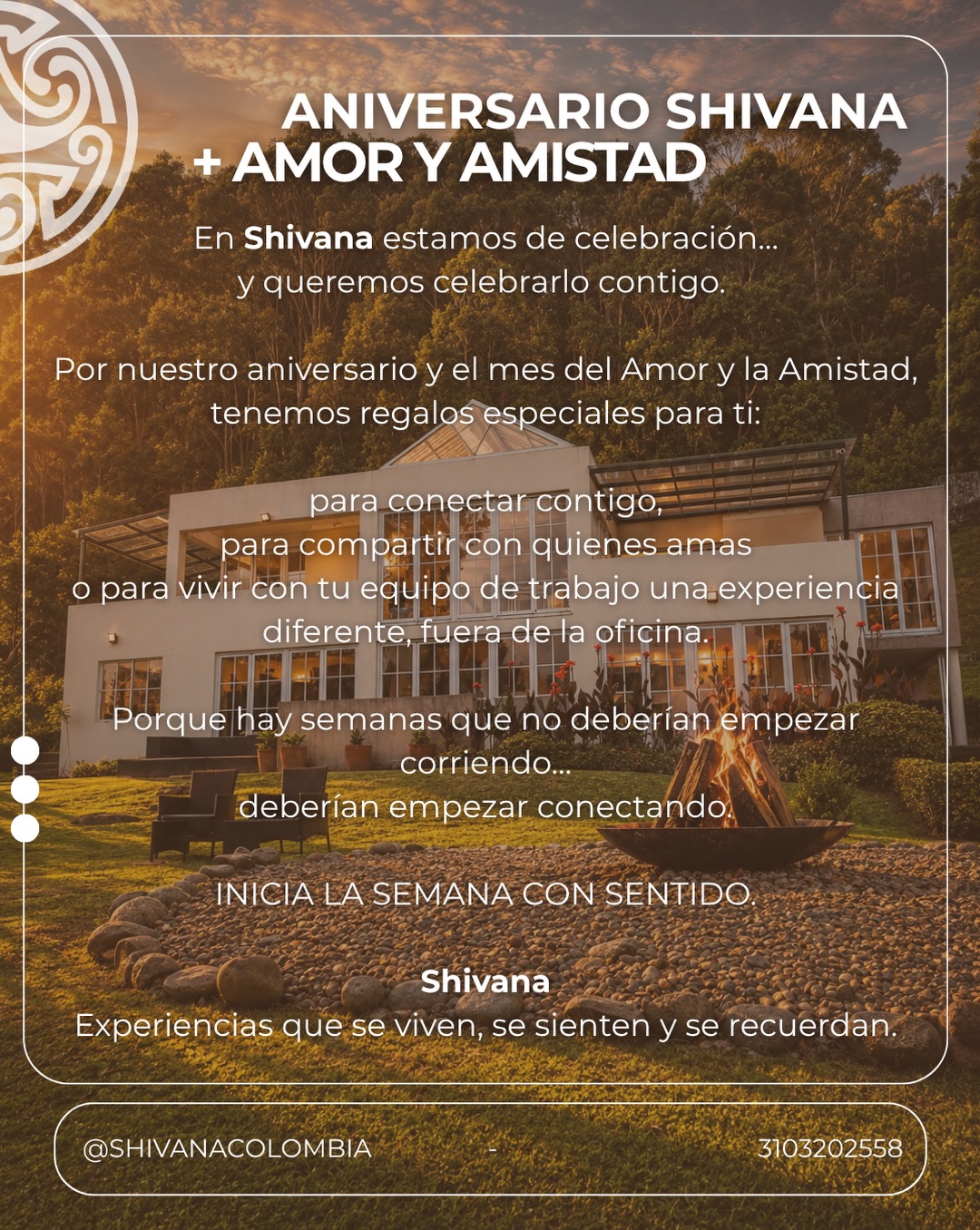 Hay momentos que merecen celebrarse distinto. ✨🌿
Este mes, en Shivana celebramos nuestro aniversario y Amor y Amistad con experiencias pensadas para reconectar contigo, compartir con otros y salir de la rutina en medio de la naturaleza.
Masajes, espacios para equipos y experiencias que invitan a bajar el ritmo, respirar y disfrutar de una manera diferente.
Además, tenemos descuentos especiales durante estos días.
Promoción válida hasta el 16 de septiembre, con reserva previa y sujeta a disponibilidad.
Reserva tu experiencia y ven a celebrar con nosotros. 💫
#Shivana #AmorYAmistad #Bienestar #ExperienciasShivana #Bogotá