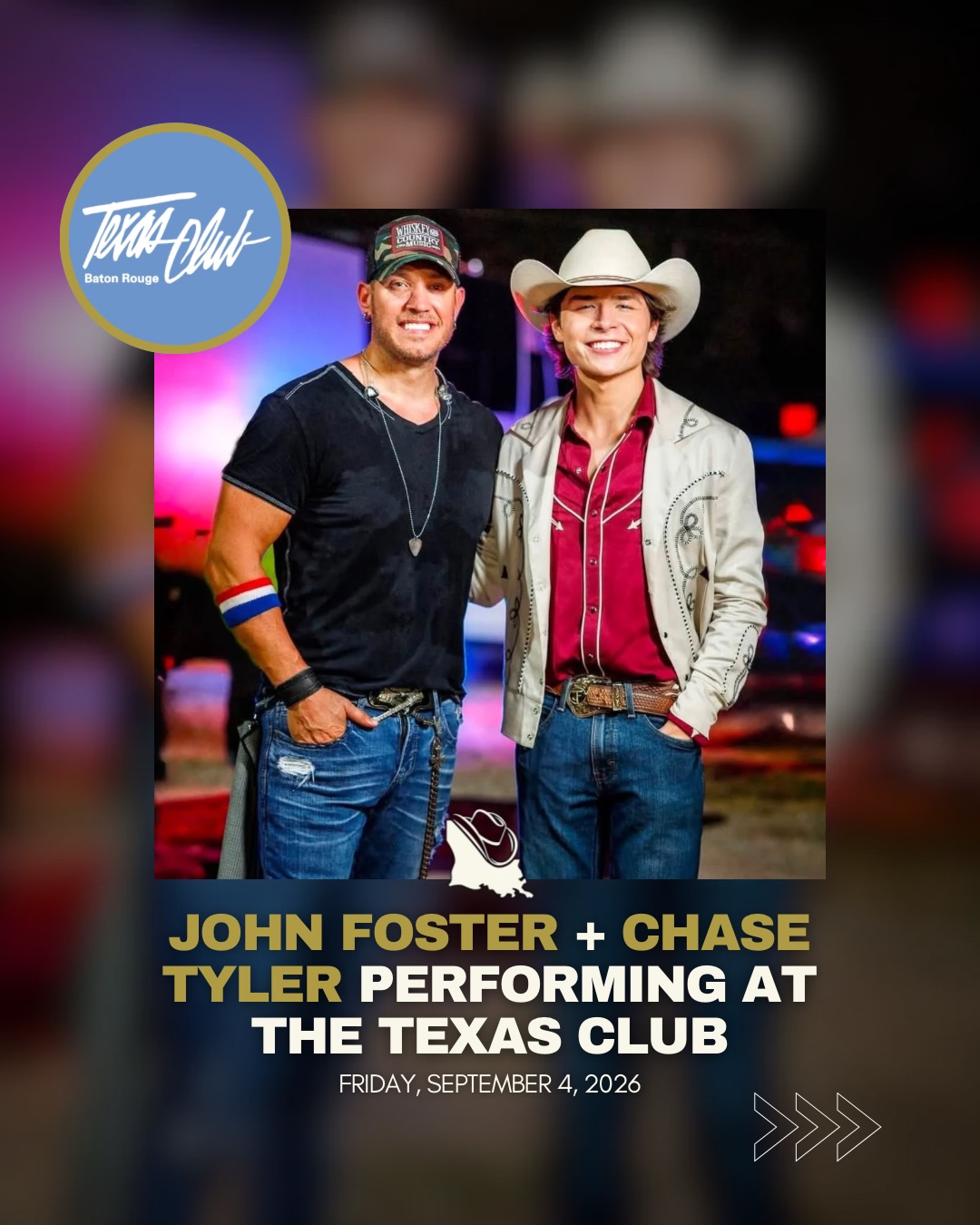 From the Opry stage to The Texas Club — Chase Tyler will join John Foster in Baton Rouge Friday, September 4th.
🎟️Tickets at TheTexasClub.com.
These two continue to share stages and opportunities. Full story at link in bio.
#LouisianaCountryMusic #JohnFoster #ChaseTyler #TexasClub
