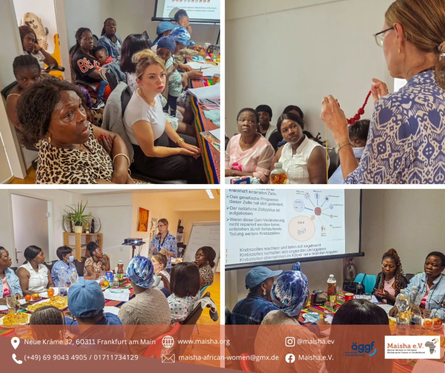 Cancer Screening & Prevention 💙🌷
On August 21st, Maisha e.V. – African Women in Germany had the pleasure of welcoming Dr. med. Julia Fries from ÄGGF for an informative and engaging session on cancer screening, prevention, and the importance of early detection.
A heartfelt thank you to Dr. Fries for sharing her knowledge, answering questions, and creating space for an open and valuable exchange. 💙
We also extend our sincere appreciation to all the women who participated. Your questions, experiences, and engagement made the session truly meaningful.
Knowledge empowers us to make informed decisions about our health. By increasing awareness and encouraging women to take advantage of appropriate preventive care and screening opportunities, we can take important steps toward protecting our health and wellbeing. 🌷
Together, we continue to raise awareness, share knowledge, and empower women to take care of their health. 💙
📍 Maisha e.V. – African Women in Germany
Neue Kräme 32
60311 Frankfurt am Main
📞 Tel: 069 90434905
📱 Mobile: +49 171 1734129
#MaishaEV #AfricanWomenInGermany #ÄGGF #WomensHealth #CancerScreening