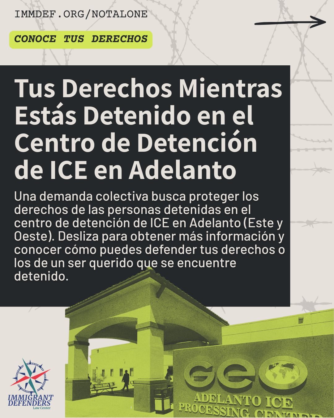 Las personas detenidas en el Centro de Detención de ICE de Adelanto tienen derechos, y una demanda colectiva estÔ trabajando para garantizar que esos derechos sean protegidos.
Si usted o un familiar se encuentra bajo custodia de ICE en Adelanto, infórmese sobre sus derechos legales, las condiciones de detención y las medidas que puede tomar si esos derechos no estÔn siendo respetados. ContÔctenos para recibir apoyo e información sobre las protecciones legales disponibles.
š» Visite: immdef.org/kyr para descargar el volante en inglĆ©s o espaƱol.
š Llame a la LĆnea Directa de Respuesta RĆ”pida de ImmDef: 213-833-8283
šØ EnvĆenos un correo electrónico para reportar problemas relacionados con las condiciones de detención en Adelanto: litigation@immdef.org
__________________
People detained at the Adelanto ICE Detention Center have rights, and a class-action lawsuit is working to ensure those rights are protected.
If you or a family member is in ICE custody in Adelanto, learn about your legal rights, detention conditions, and the steps you can take if those rights are not being respected. Contact us for support and information about available legal protections.
š»Visit immdef.org/kyr to download the flyer in English or Spanish.
šCall the ImmDef Rapid Response Hotline: 213-833-8283
šØEmail us to report Adelanto detention condition issues: litigation@immdef.org