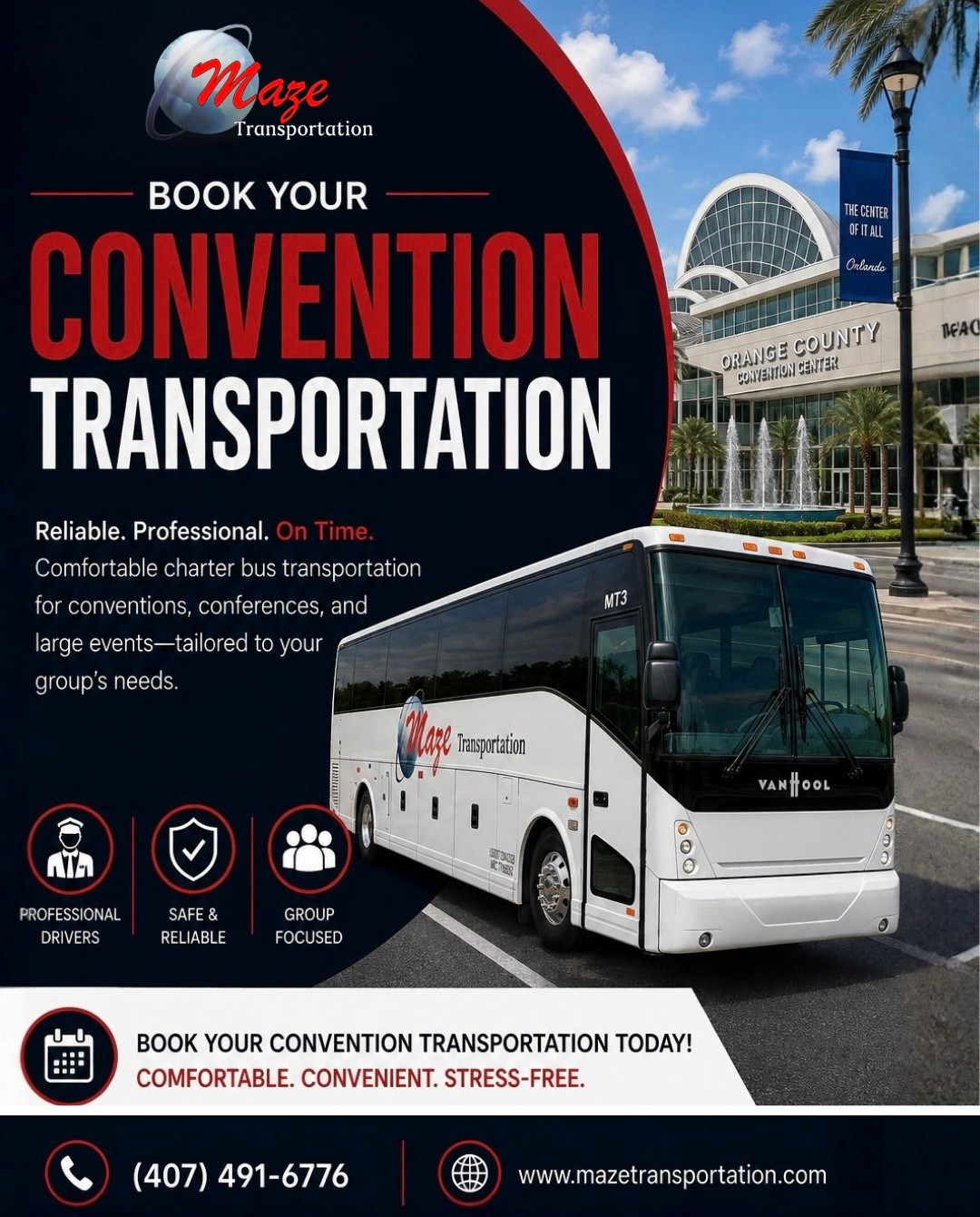 BOOKING GROUP TRANSPORTATION FOR YOUR NEXT ORLANDO EVENT?
Planning transportation for a convention, conference, trade show, or corporate event can be a major part of your event logistics. Let Maze Transportation handle it.
We work with event planners, corporate travel coordinators, meeting planners, and businesses to provide dependable group transportation tailored to your schedule, itinerary, and group size.
🚌 Professional charter bus transportation
👥 Corporate & convention groups
📍 Orlando & surrounding areas
⏰ Reliable scheduling & on-time service
📋 Transportation solutions built around your event
Whether you’re coordinating transportation for 20 people or 200+, our team helps make group transportation one less thing you have to worry about.
📞 (407) 491-6776
🌐 www.mazetransportation.com
You handle the event. We’ll handle the transportation.
#MazeTransportation #OrlandoCharterBus #CorporateTransportation #ConventionTransportation #EventTransportation #GroupTransportation #MeetingPlanner #EventPlanner #CorporateTravel #OrlandoEvents #ConferenceTransportation #TradeShowTransportation #OrlandoConventionCenter