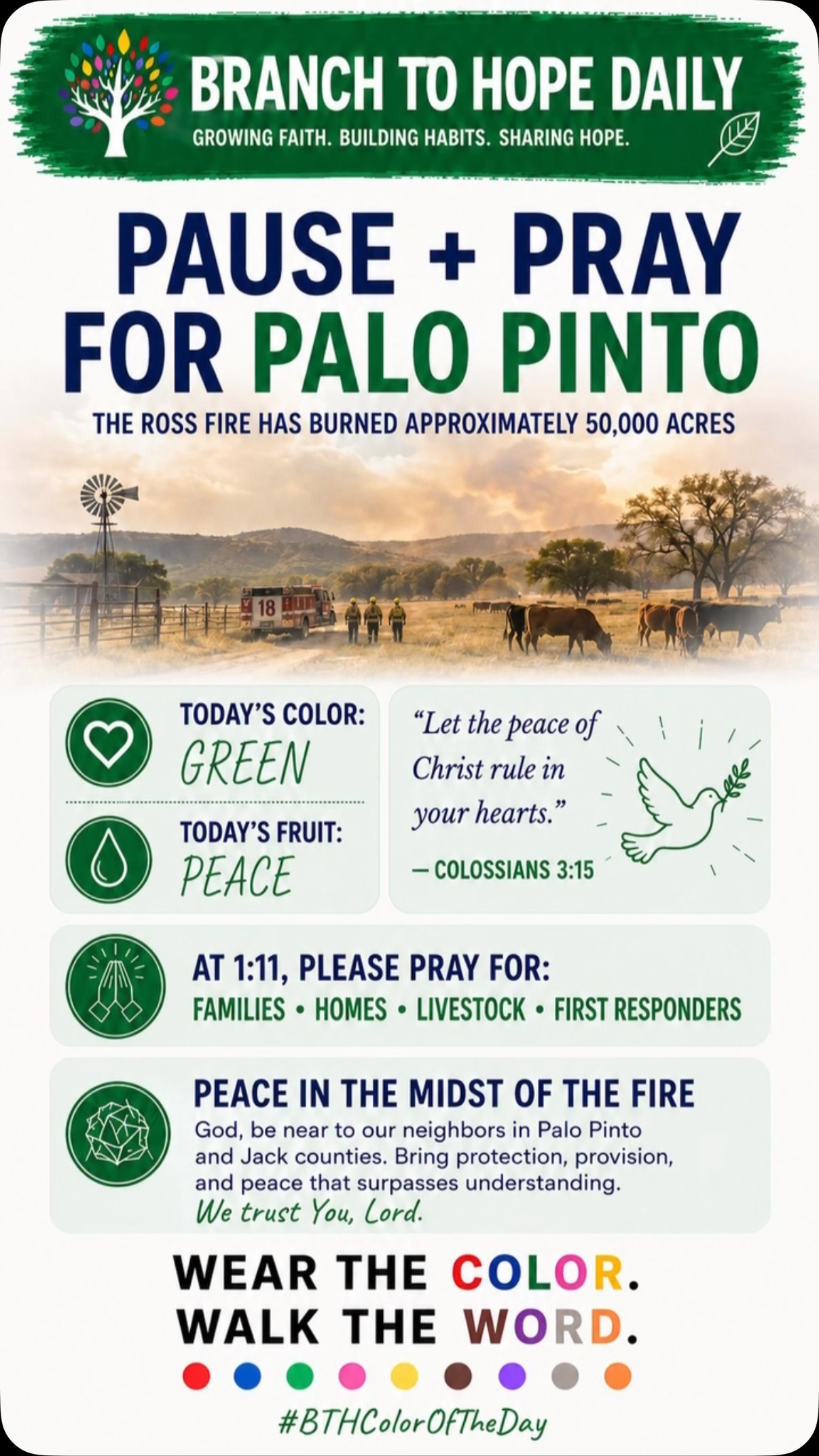 💚 TODAY’S COLOR: GREEN
🕊️ TODAY’S FRUIT: PEACE
Today, our Branch To Hope community is pausing to pray for Palo Pinto and Jack counties as the Ross Fire has burned approximately 50,000 acres near members of our BTH family and friends.
On Green Day, we are reminded that peace does not mean the absence of a storm—it means trusting in the presence of Christ within it.
“Let the peace of Christ rule in your hearts.”
—Colossians 3:15
At 1:11, please Pause + Pray with us for:
🙏 Families facing evacuation and uncertainty
🏡 Protection over homes, ranches and land
🐄 Livestock and animals in the fire’s path
🚒 Firefighters, first responders and volunteers
💚 Peace, strength and provision for every affected community
Lord, be near to our neighbors in Palo Pinto and Jack counties. Calm the winds, guide those making critical decisions and protect everyone working on the front lines. Surround these communities with Your peace and remind them that they are not alone.
May there be PEACE in the midst of the fire.
Wear the Color. Walk the Word.™
#PrayForPaloPinto #PaloPintoFire #RossFire #PauseAndPray #TexasStrong