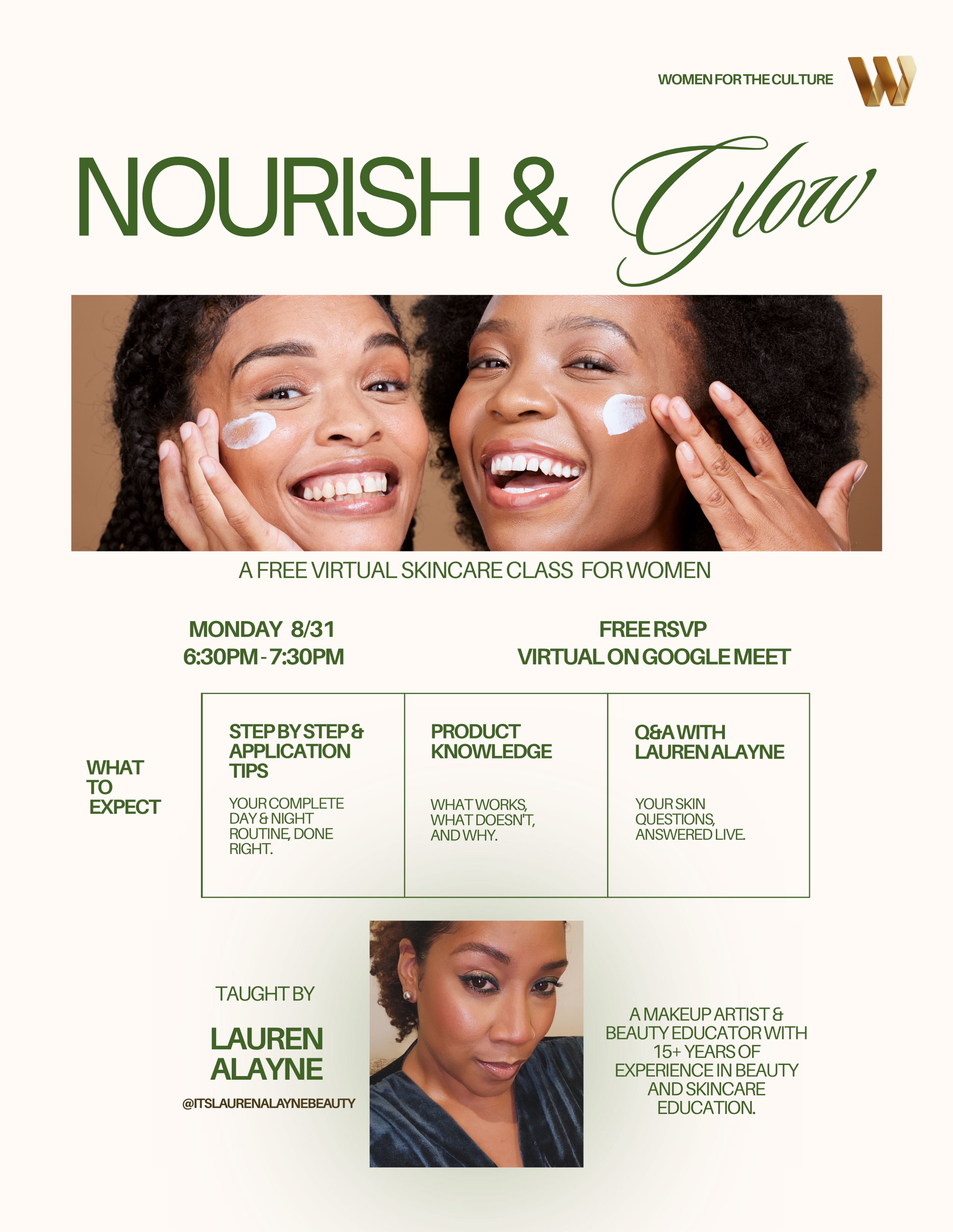 If you’re 30+ and your skincare routine isn’t hitting like it used to, this class is for you. 👀
Join Women for the Culture for Nourish & Glow, a FREE virtual skincare class with Beauty Educator @itslaurenalaynebeauty .
We’re talking skincare for women 30+, product knowledge, day and night routines, application tips and your real skincare questions answered LIVE.
📅 August 31 at 6:30PM ET
💻 Online + FREE
Grab your spot now. Send this to a girlfriend who needs to join you!
Register through the link in our bio.
Nourish & Glow is presented by Women for the Culture and produced by @soleheirsociety
#beautyessentials #beautyinspo #womenfortheculture #women30plus #blackwomenover40
