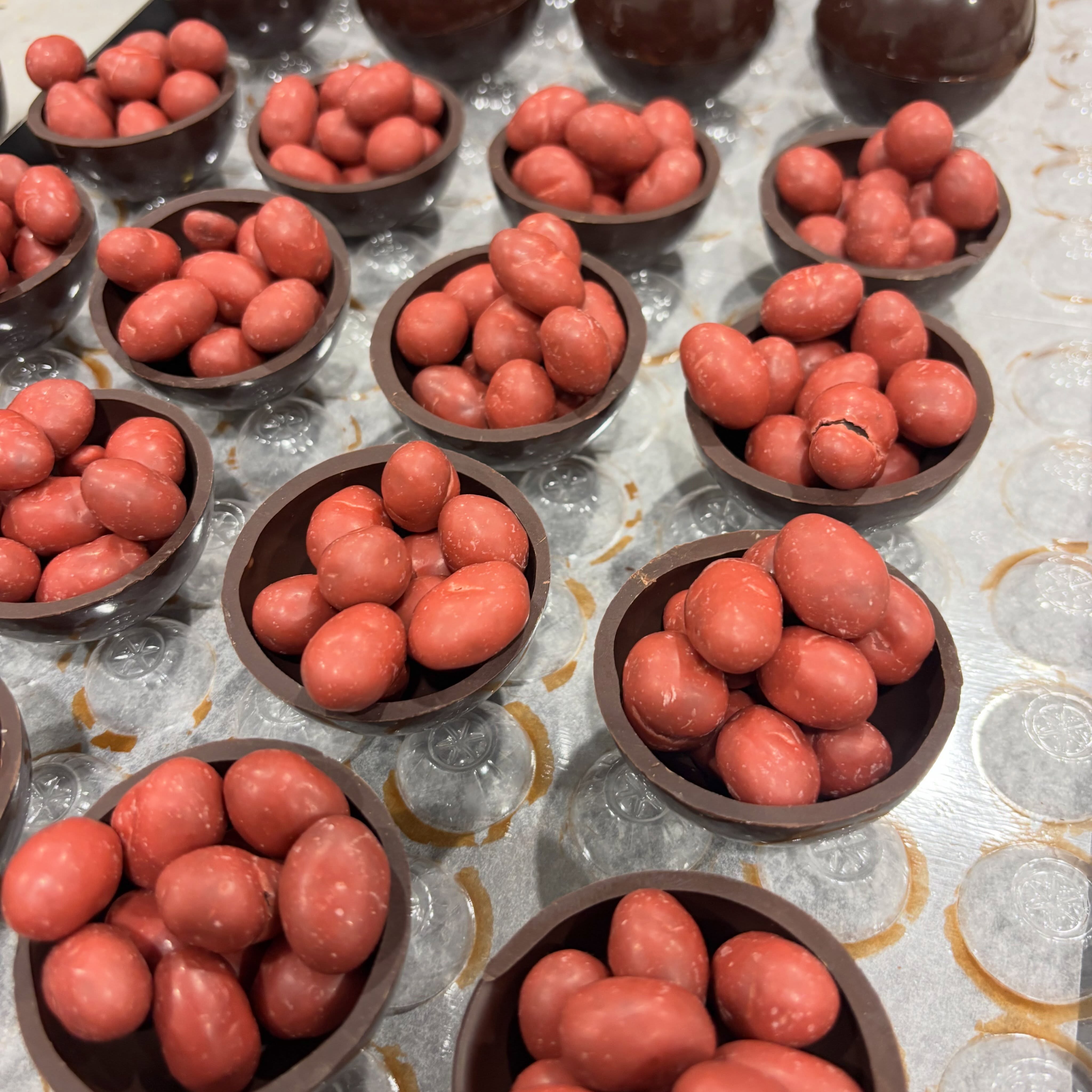 More Father’s Day moustache balls coming out today… these ones are filled with dark & strawberry covered peanuts in a dark ball with moustache attached. Available now until sold out.