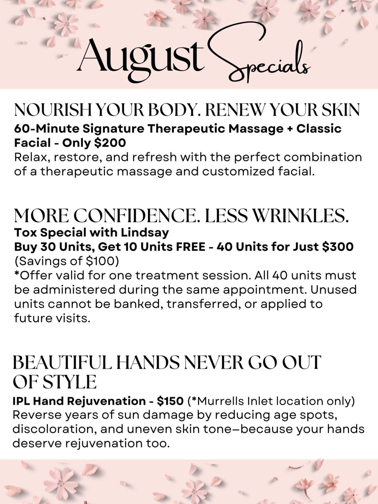 ✨ August is coming to an end! ✨
Don’t miss your chance to take advantage of our Pure Aesthetics August Specials before they’re gone! 💆♀️💖
Treat yourself, refresh your routine, and step into September feeling your best. ✨
📞 Call 843-273-6006 to book your appointment
💻 Or book online at pureaestheticscenter.com
⏰ August specials won’t last forever—book yours today!
#PureAesthetics #AugustSpecials #northmyrtlebeachsc #murrellsinletsc #GrandStrand