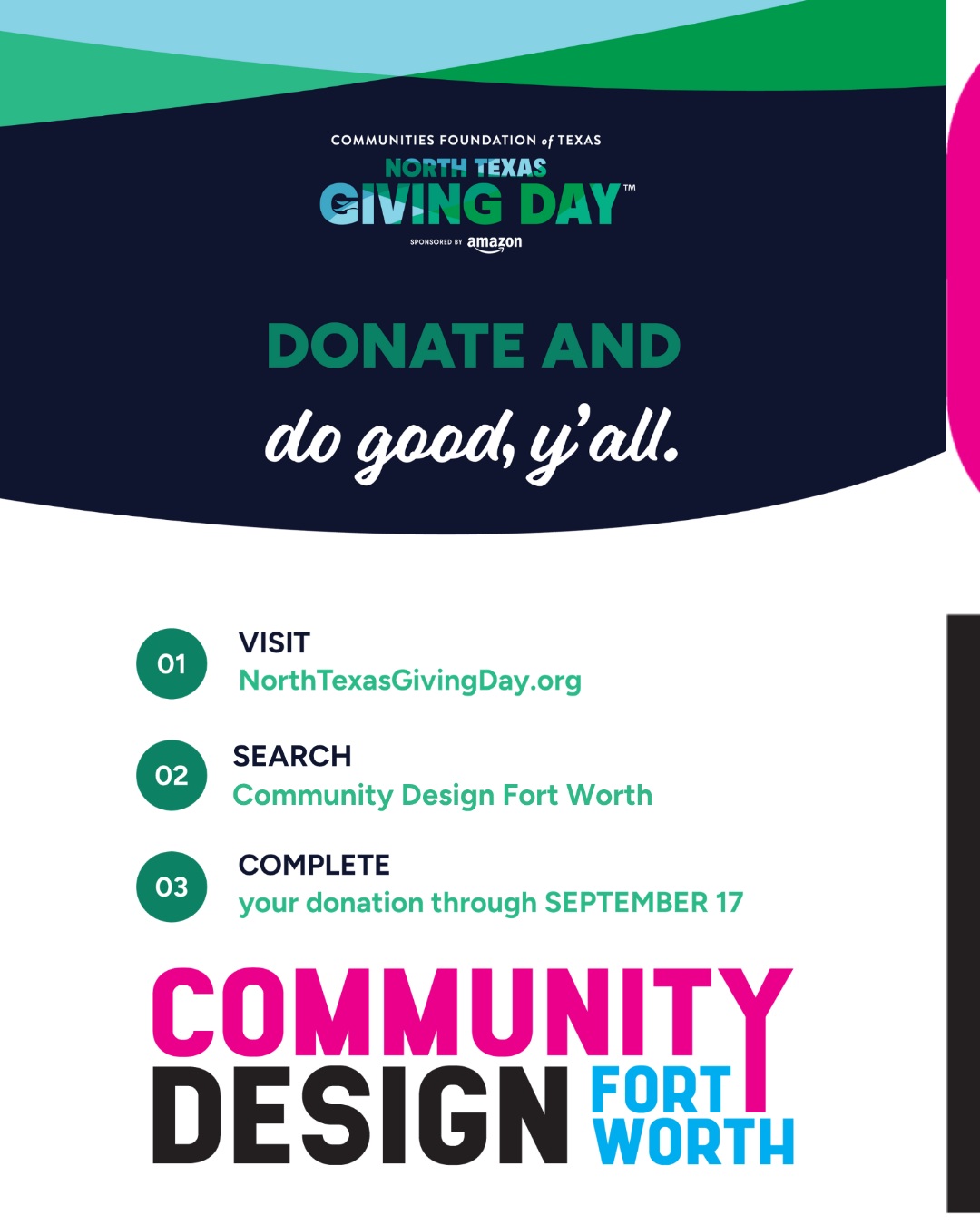 Support Community Design Fort Worth this North Texas Giving Day by visiting NorthTexasGivingDay.org and searching for Community Design Fort Worth.
You can donate between August 27 and September 17 to help make a stronger, better Fort Worth for everyone!