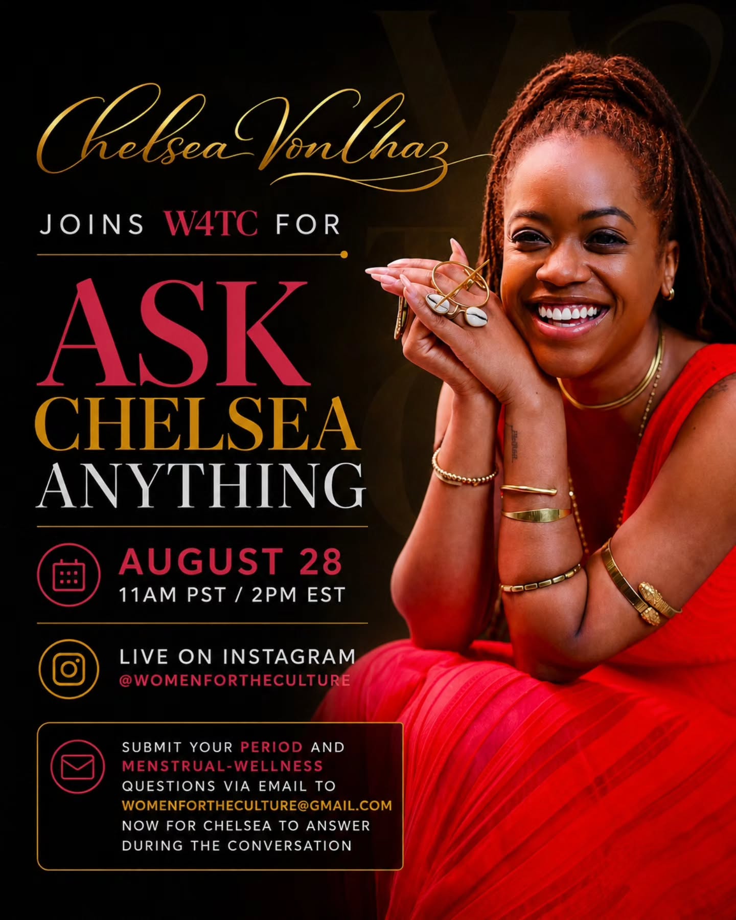 Know Your Body. Own Your Power. ❤️
This Friday, Chelsea VonChaz, founder of @wearehappyperiod, joins Women for the Culture LIVE for ‼️ Ask Chelsea Anything ‼️ an open conversation about periods, menstrual wellness, advocating for yourself, understanding your body and the things too many of us were simply never taught to ask.
🗓 August 28
⏰ 11 AM PST / 2 PM EST
📍 Instagram Live: @womenfortheculture
And we want to hear from YOU!!!
Have a period or menstrual-wellness question you've been afraid, embarrassed or simply never had the opportunity to ask? Send it to womenfortheculture@gmail.com now, and Chelsea may answer it during the conversation!
No shame. No judgment. Just information, community and a conversation Black women deserve to have.
Drop a ❤️ if you'll be joining us, and tag a woman who needs to be in the room!!!
#WomensHealth #KnowYourBody #OwnYourPower
#MenstrualWellness #HappyPeriod