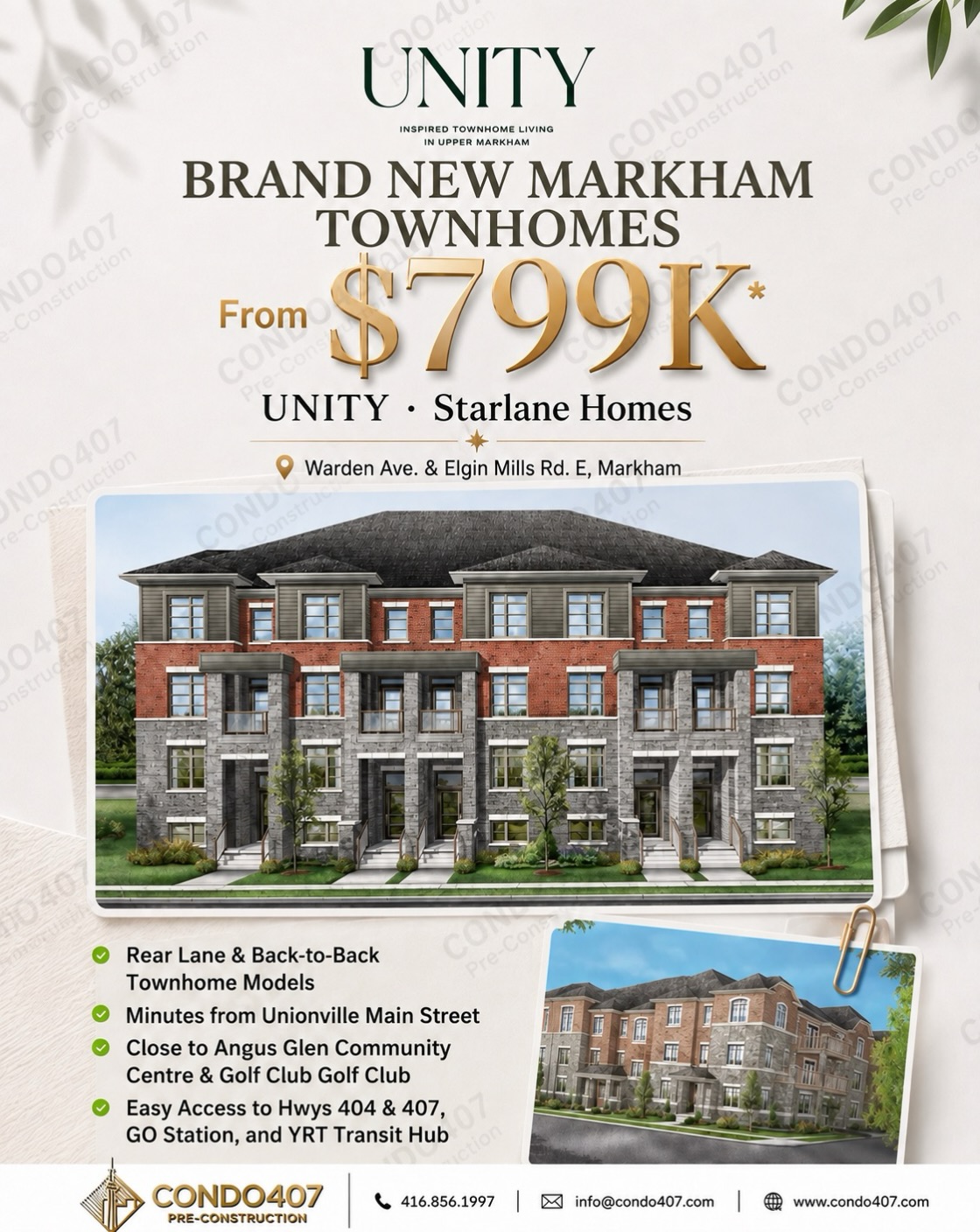 🏡 NEW MARKHAM TOWNHOMES FROM $799K | UNITY
Introducing UNITY by Starlane Homes, located at Warden Ave. & Elgin Mills Rd. E in Markham.
💰 Starting from approximately $799K*
UNITY offers two different townhome collections:
✨ 22’ Back-to-Back Towns | Verona Series
✨ 14’9” Rear Lane Towns | Siena Series
🏠 3 & 4 bedroom layouts
🚗 Private garage options
🌤 Outdoor balconies on select designs
🏡 Optional secondary-suite configurations on select floor plans
🌿 Close to parks, schools and everyday amenities
📍 Convenient access to Unionville Main Street and surrounding major routes
For buyers currently comparing condo townhomes, resale townhouses and new construction in Markham, UNITY offers another option within a similar price range.
What stands out most is the combination of location, pricing and two distinct townhome styles, giving buyers more flexibility when comparing layouts and space.
Condo407 Pre-Construction
☎️ 416.856.1997
📧 info@condo407.com
🌐 www.condo407.com
#UnityMarkham #MarkhamTownhomes #MarkhamRealEstate #NewHomesMarkham #condo407