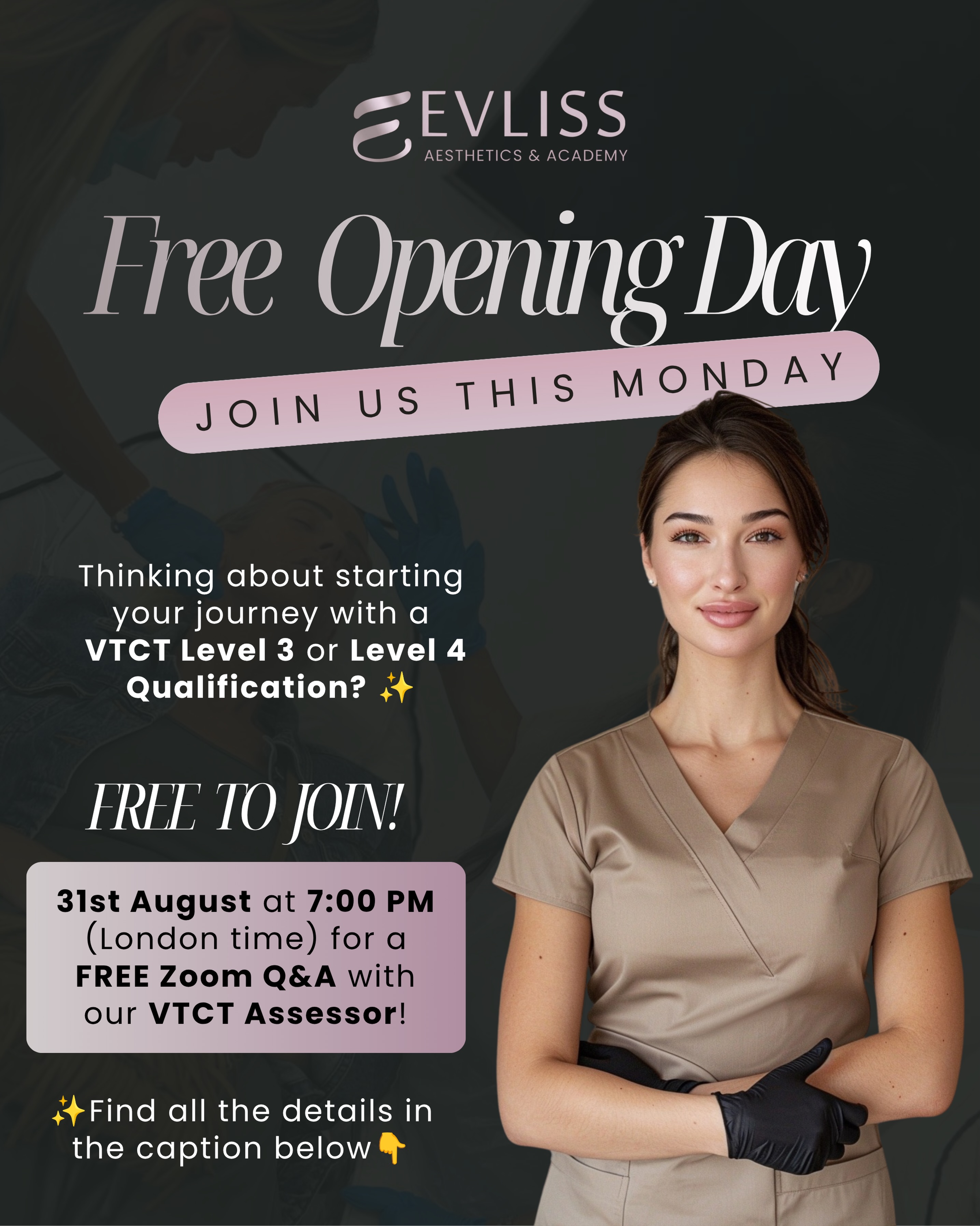 🎉 FREE OPENING DAY! 🎉 Thinking about starting your journey with a VTCT Level 3 or Level 4 Qualification? ✨
‼️Join us this Monday,
31st August at 7:00 PM
(London time) for a FREE Zoom Q&A with our VTCT Assessor!
📚 VTCT Level 3 & Level 4 Qualifications
❓ Ask your questions and get expert answers
🎓 Learn more about the qualifications, requirements & training
🎟️ FREE TO JOIN!
💬 Have questions before joining?
Don’t hesitate to send us a private message -
we’ll be happy to help!
🔗 ZOOM DETAILS
📅 Monday, 31st August 2026
⏰ 7:00 PM London Time
🆔 Meeting ID: 890 0078 2575
🔐 Passcode: z2GX6P
🔗 JOIN ZOOM MEETING:
https://us05web.zoom.us/j/89000782575?pwd=e1jrvoX4E0G36SIHPsbAv3ocDs3Rfz.1
SAVE THE DATE AND JOIN US LIVE!😍 We can’t wait to see you there! 🫶
#london #watford #everyone