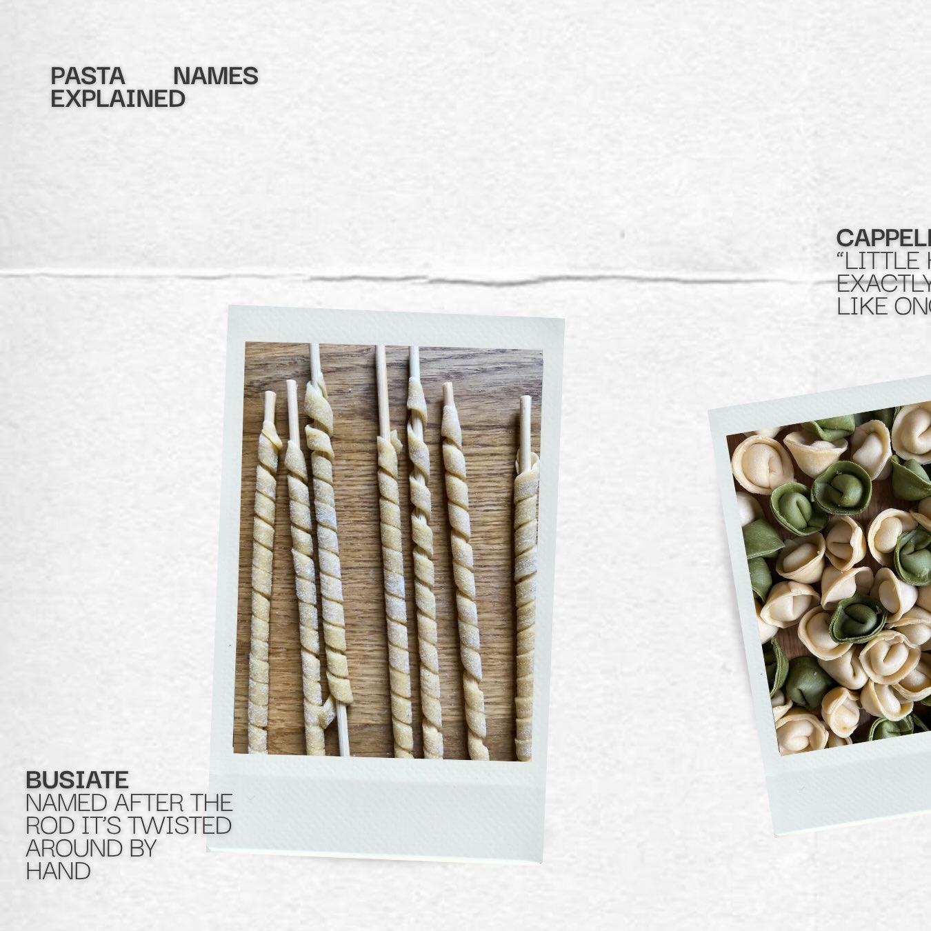 I love that so much of Italian pasta naming isn’t clever or abstract — it’s just people describing exactly what’s in front of them. A hat. A butterfly. A leaf. A little surprise. Some of these names always make me chuckle (like sopresini: is it a good or a bad surprise that it looks like filled pasta but isn’t?!).
Which one of these did you not know the meaning of? And any you’re always wondering about?
#pastanames #italianpasta #pastafacts #pastalexicon
#pastagram