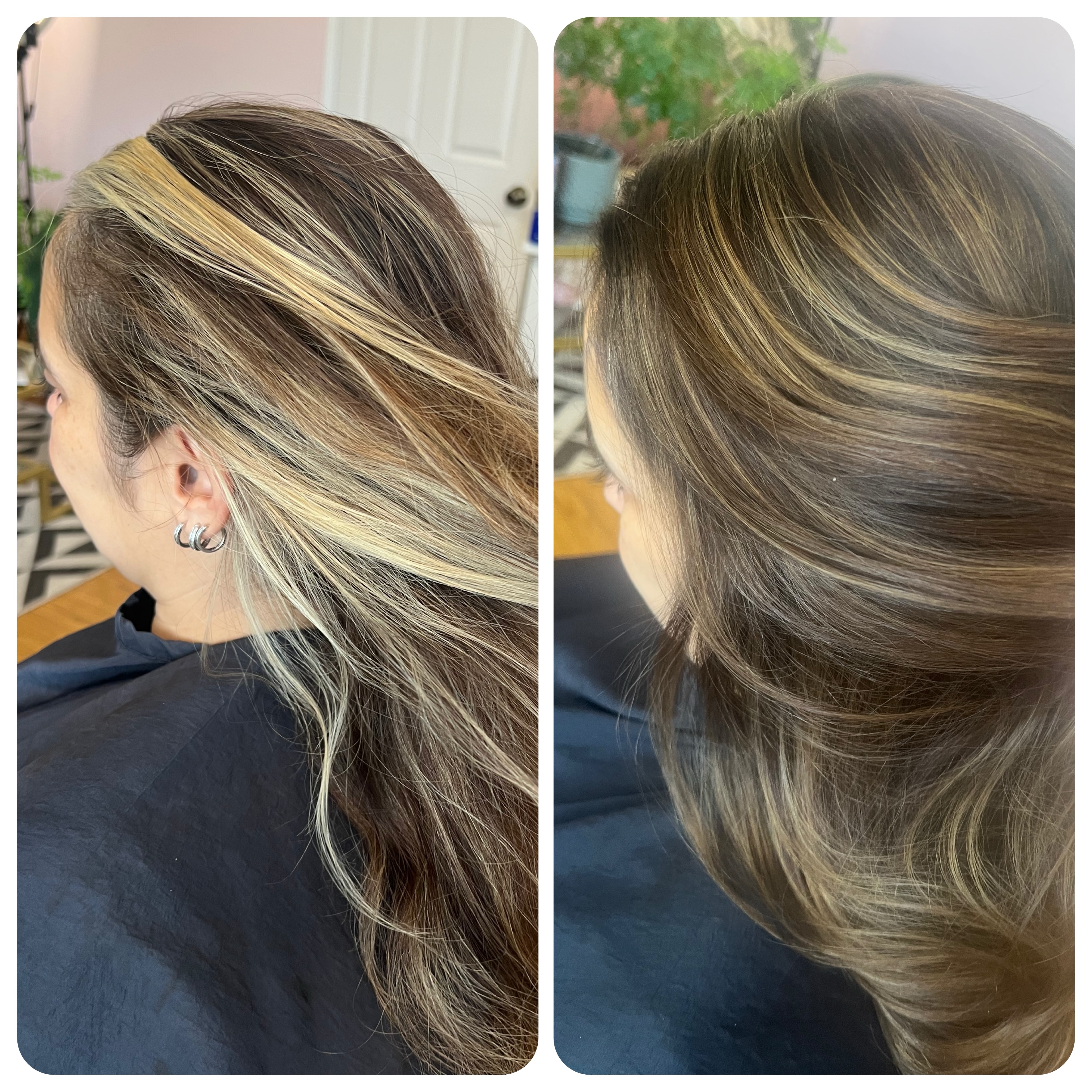 The key to a glowing, natural look is color that mimics your own natural color pattern and tones.
Without the thick pieces of blonde around her face, & by adding more depth, she has a softer, more natural look.
.
And she will also be able to stretch her color appointments out farther.