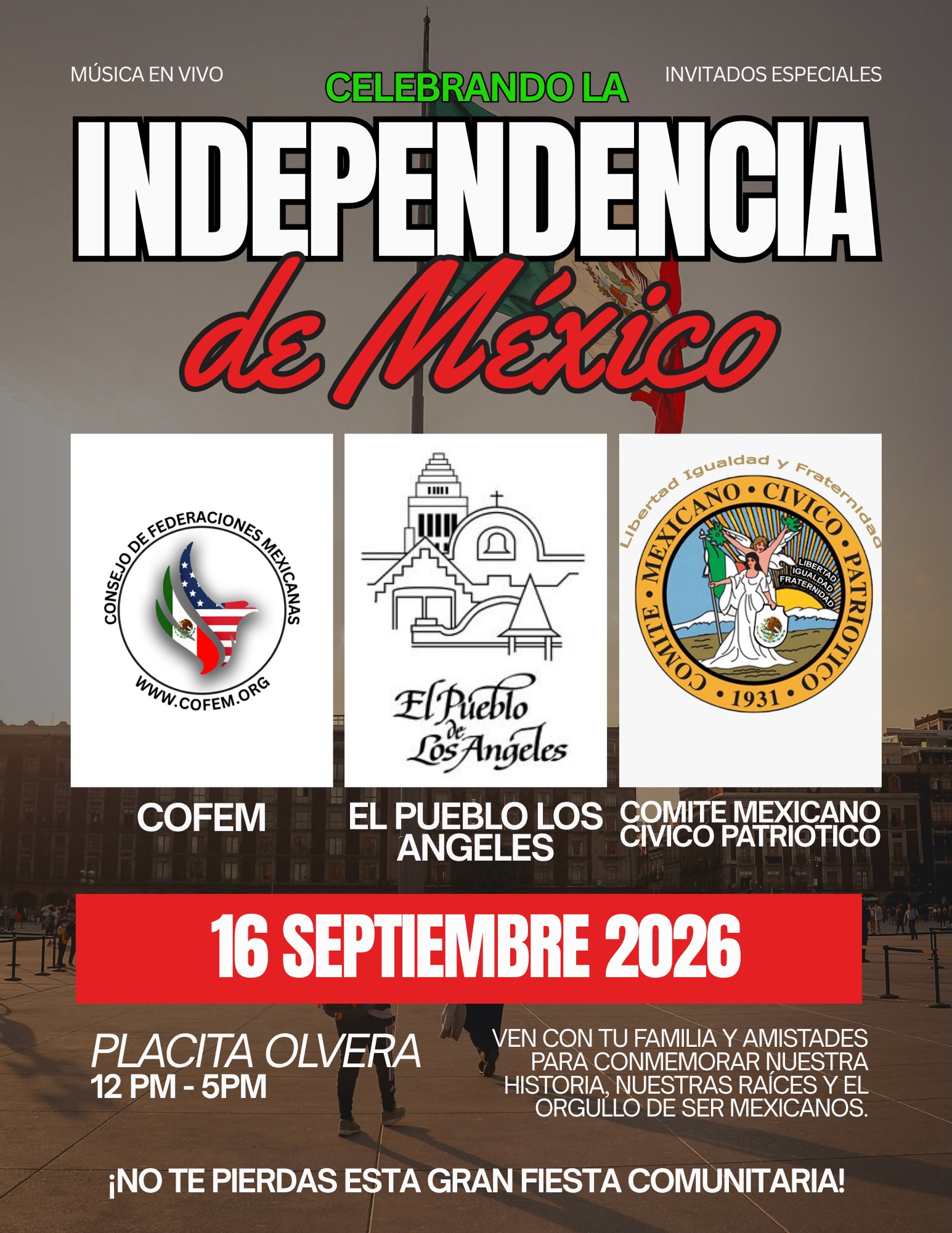 ¡Celebremos juntos la Independencia de México!
Este 16 de septiembre de 2026, acompáñanos en La Placita Olvera para celebrar con orgullo nuestras raíces, nuestra cultura y la riqueza de nuestras tradiciones mexicanas. ❤️🤍💚
🗓️ Miércoles 16 de septiembre de 2026
⏰ 12:00 PM a 5:00 PM
📍 La Placita Olvera, Los Ángeles
Tendremos una ceremonia cívica a cargo del Comité Cívico Patriótico, la presentación de la Orquesta Oaxaqueña y muchos artistas invitados, incluyendo reconocidos talentos que han sido invitados de Estrella TV, quienes estarán compartiendo su música y talento en vivo.
Ven con tu familia y amistades a disfrutar de una tarde llena de música, cultura, tradición y orgullo mexicano.
¡Viva México! ¡Viva nuestra cultura y nuestras tradiciones!
#IndependenciaDeMéxico #16DeSeptiembre #VivaMéxico #LaPlacitaOlvera #OrgulloMexicano CulturaMexicana LosAngeles