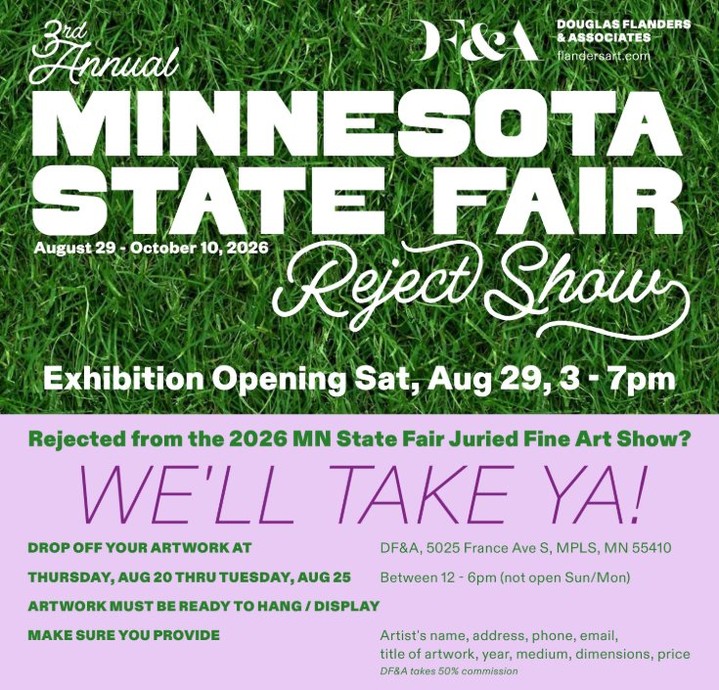 I got rejected from the State Fair again this year.
Photography is one of the toughest categories to get into. Only about 11% of submissions actually make it in, so the reject community is packed with top tier photographers
To celebrate the rejects, Douglas Flanders & Associates (@douglasflandersgallery) is throwing their third annual Minnesota State Fair Rejection exhibition, and I'll have one of my pieces in the show
Opening is this Saturday, August 29th, 3 to 7pm at:
DOUGLAS FLANDERS & ASSOCIATES LLC
5025 France Ave S, Minneapolis, MN 55410
Kris and I will be there from about 5 to 7pm. Come see which piece got the boot and say hi!