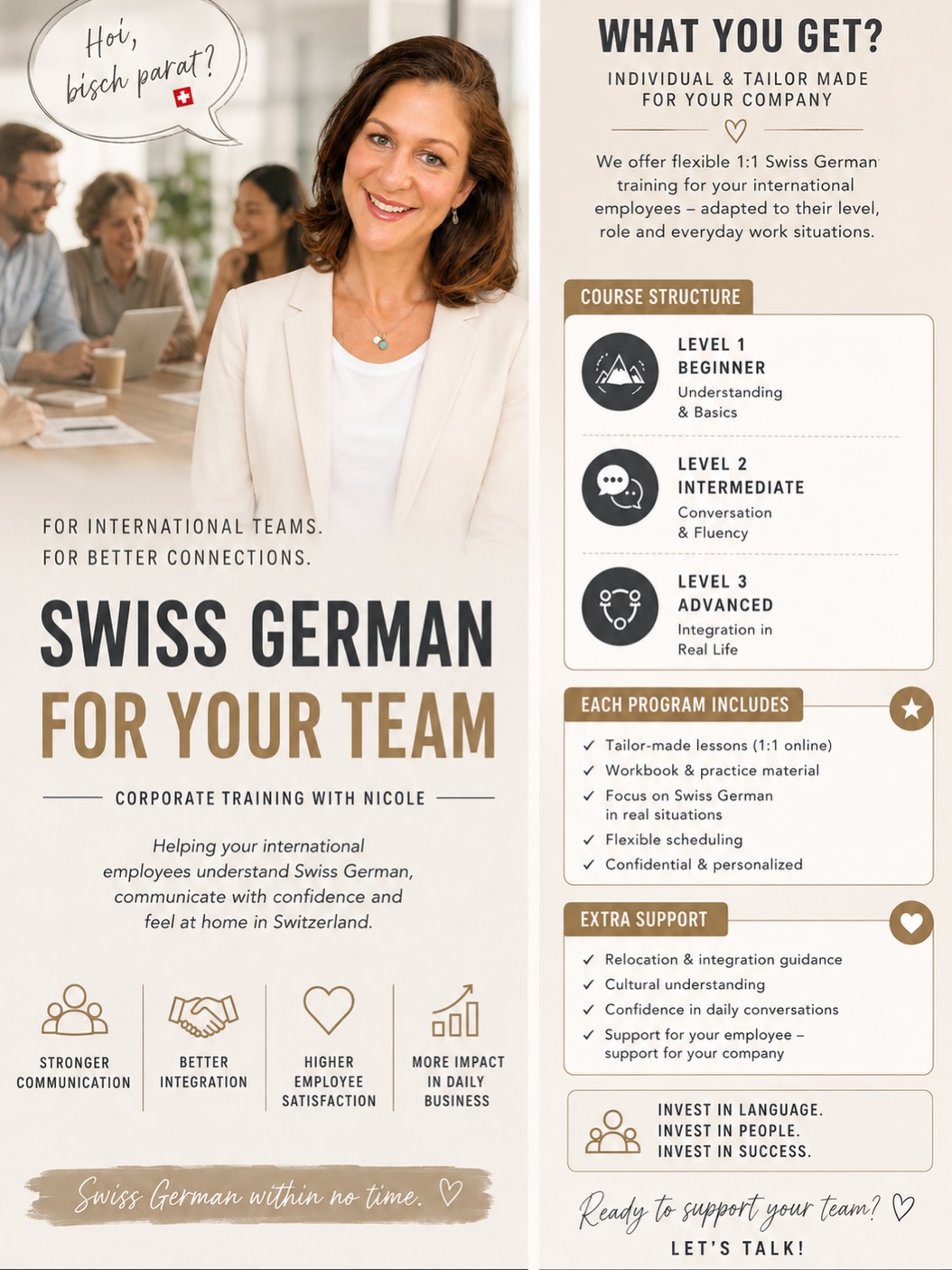 Schweizerdeutsch B2B - für Ihre internationalen Mitarbeitenden - Jetzt Swiss German lernen💪🏼🗣️🇨🇭
Mit der Swiss German Academy unterstütze ich internationale Mitarbeitende dabei, Schweizerdeutsch besser zu verstehen, sicherer zu kommunizieren und sich auch sprachlich und kulturell schneller in der Schweiz zuhause zu fühlen.
Unser Angebot richtet sich sowohl an komplette Anfänger:innen ohne Deutschkenntnisse als auch an Mitarbeitende mit guten bis sehr guten Deutschkenntnissen, die insbesondere ihr Schweizerdeutsch-Verständnis verbessern möchten.
Für Unternehmen bieten wir individuell abgestimmte 1:1 Swiss German Trainings, unter anderem mit Fokus auf:
* Schweizerdeutsch verstehen und im Berufsalltag anwenden
* Kommunikation mit Kolleg:innen, Kund:innen und Patient:innen
* Aussprache, Hörverständnis und alltagsnahe Dialoge
* Schweizer Kultur und sprachliche Besonderheiten
* individuelle berufliche Situationen und Bedürfnisse
Die Trainings finden flexibel online statt und können dadurch unkompliziert in den Arbeitsalltag integriert werden.
Falls Schweizerdeutsch- und Integrationstraining für Ihre internationalen Mitarbeitenden interessant sein könnte, freue ich mich über einen unverbindlichen Austausch.
#swissgerman #schwitzerdüütsch #schweizerdeutsch #corporate #languagelearning