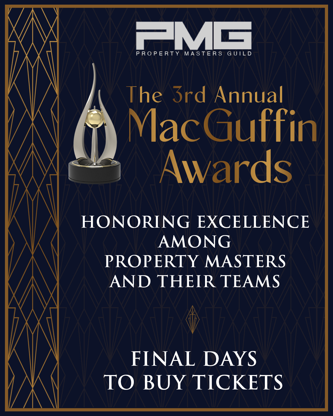 If you haven't gotten your tickets for this year's MacGuffin Award you better hurry! Our ticket sales close this Sunday, August 30th.
View details & purchase tickets using the link in our bio.
The Property Masters Guild's MacGuffin Awards is the only award show to honor excellence among Property Masters and their teams in film, television, and commercials. This year we are excited to return to the iconic Paramount Theater in Hollywood, California.
The celebration is open to all of those who work in the Property Department, at Prop Vendors, Shops, and to Industry Professionals who wish to celebrate with us.
Saturday, September 12th
6PM Cocktail Hour
7PM - 8:30PM Award Ceremony
8:30PM - 10PM Afterparty
Tickets include complimentary hors d'oeuvres, drinks (including the afterparty) and parking.
Following cocktail hour, the Award Ceremony will take place in the Paramount Theater. Seating will be theater-style.
We cannot wait to see you there!
#macguffinawards #macguffinawards202