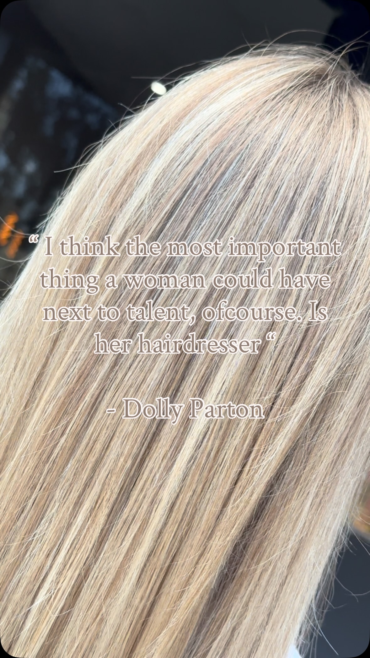 In the words of the legend that was @dollyparton
We could all learn a few things 🤍
Here’s some more that I love :
“If you spend all your time worrying about the bees, you will never get to enjoy the honey “
“I do care what you think about me but Only if you care enough to know who I really am”
“The only way to keep your health is to eat what you don’t want, drink what you don’t like and do what you’d rather not”
“I’m not afraid of failure because I never feel like a loser, even when I lose I gain a new experience”
“Regret is unfair to yourself, because you couldn’t have possibly known then what you know now”
🤍🤍🤍
Beautiful blonde hair by Yasmin
#dollyparton #hairdresser #hairstylist #love #hairsalon