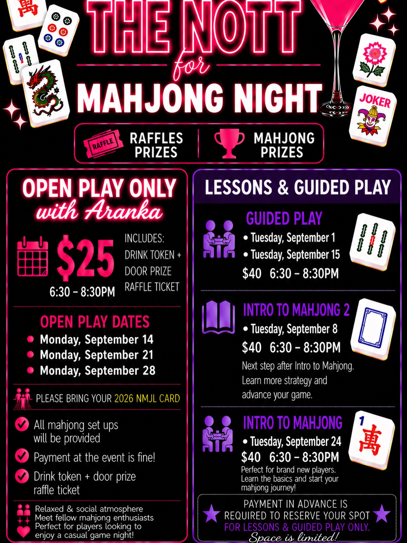 Your September girls’ nights just found a new obsession. 🀄🍸
Maj Me at the Nott is back with more ways to play.
Already know the game? Grab your card and join us for Open Play.
Still learning? We’ve got Guided Play, Intro to Mahjong 2, and an Intro to Mahjong night for brand new players.
Come for the tiles. Stay for the cocktails, laughs, friendly competition, and the people you’ll meet along the way.
🀄 Open Play starts at $25
🀄 Lessons & Guided Play $40
⏰ 6:30 to 8:30 PM
🎁 Prizes and raffles too
Lessons have limited spots and advance payment is required, so grab yours early. Link in bio.
Come early for dinner and drinks before the tiles hit the table.
Tag your Mahjong crew or send this to the friend who keeps saying, “I want to learn!”
Meet me at the Nott.