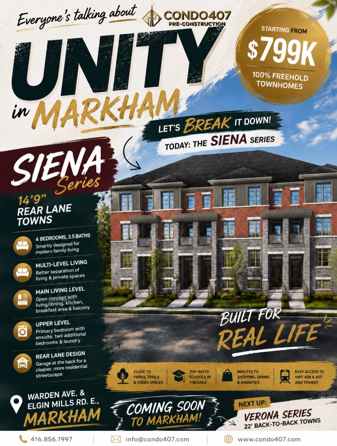 🏡 UNITY in Markham | Siena Series Breakdown
UNITY in Markham offers two different townhome collections, and today we’re looking at the Siena Series | 14’9” Rear Lane Towns.
Although the frontage is narrower, the layout is organized across multiple levels to separate different living functions.
✨ Ground-floor bedroom suitable for guests, family use or a home office
✨ Main living level with living/dining area, kitchen, breakfast area and balcony
✨ Upper level with primary bedroom, two additional bedrooms and laundry
✨ Rear-lane garage design keeps vehicle access at the back and gives the front elevation a cleaner residential look
This layout may suit households looking for a 4-bedroom configuration, clearer separation between living spaces, and a multi-level family layout.
📍 Warden Ave. & Elgin Mills Rd. E., Markham
💰 Freehold Towns from $799K*
Next up: Verona Series | 22’ Back-to-Back Towns
Condo407 Pre-Construction
☎️ 416.856.1997
📧 info@condo407.com
🌐 www.condo407.com
*Pricing, layouts and availability are subject to change based on the developer’s latest information.
#UnityMarkham #MarkhamTownhomes #MarkhamRealEstate #SienaSeries #Condo407